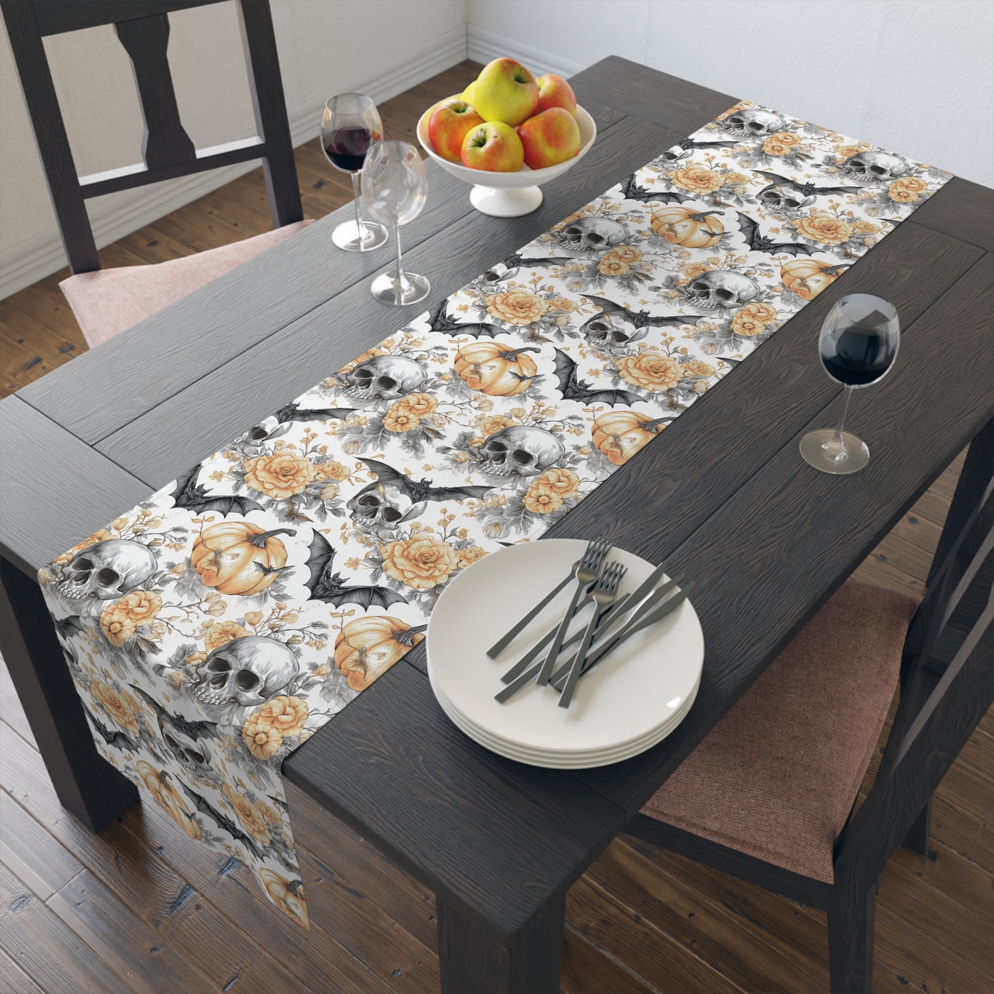 Halloween Themed Table Runner, Spooky Decor for Fall, Gothic Home Accents, Pumpkin and Skull Design, Perfect for Parties