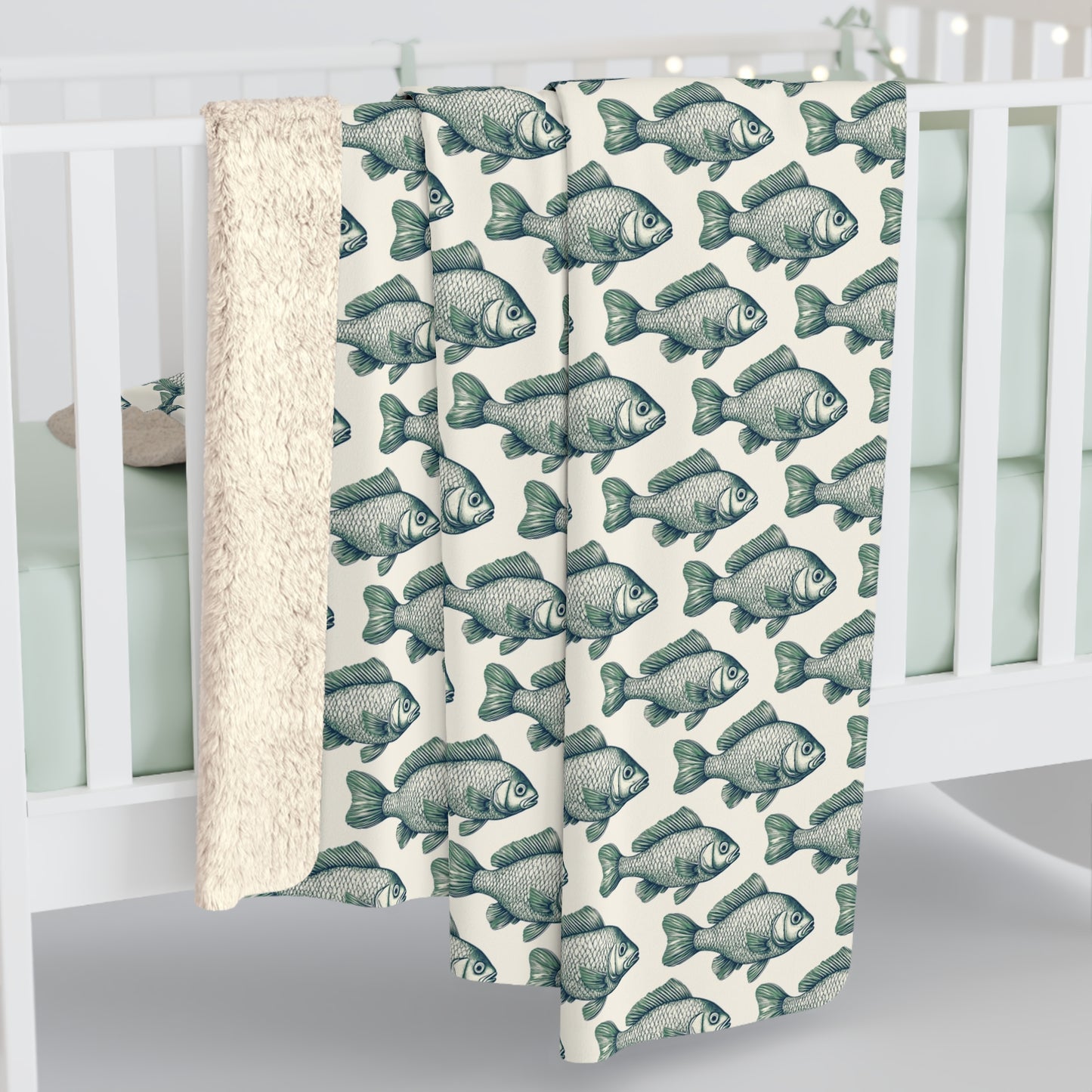 Cozy Green Minnow Fish Pattern Sherpa Fleece Blanket,Fishing Enthusiasts, Warm Throw Blanket