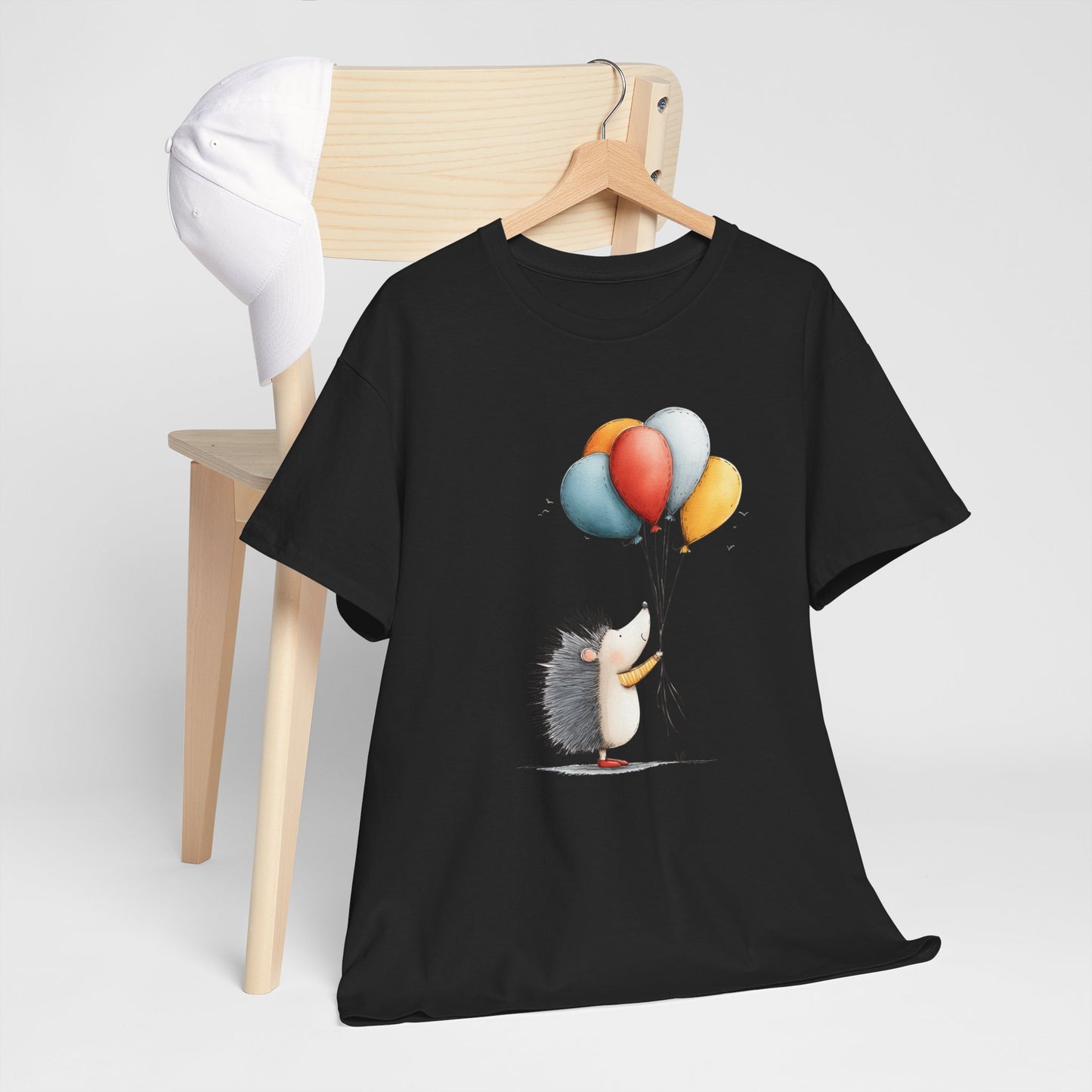 Adorable Hedgehog Balloon Tee, Cute Animal T-Shirt, Unisex Casual Wear, Birthday Gift, Fun Graphic Top