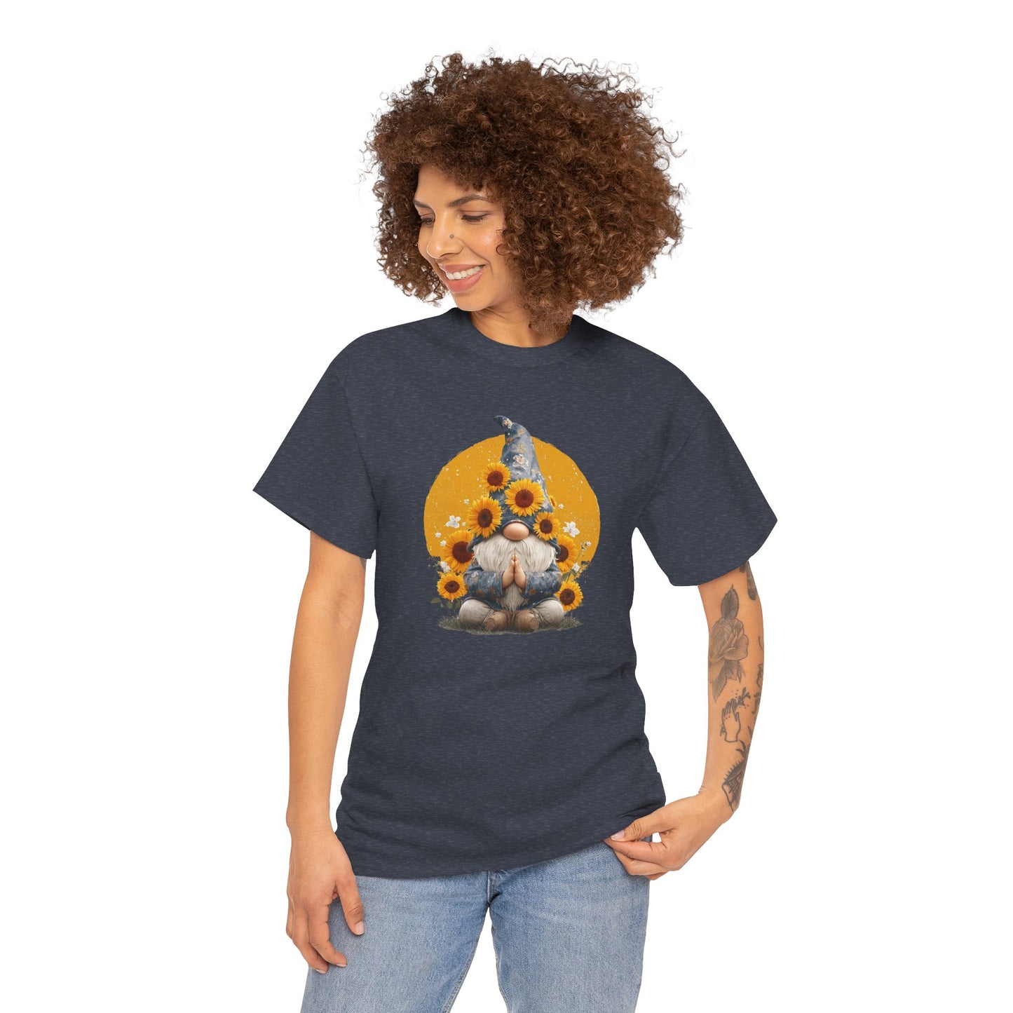 Sunflower and Yoga Gnome Unisex Heavy Cotton Tee - Boho Style, Eco-Friendly Apparel, Casual Wear, Unique Art Tee