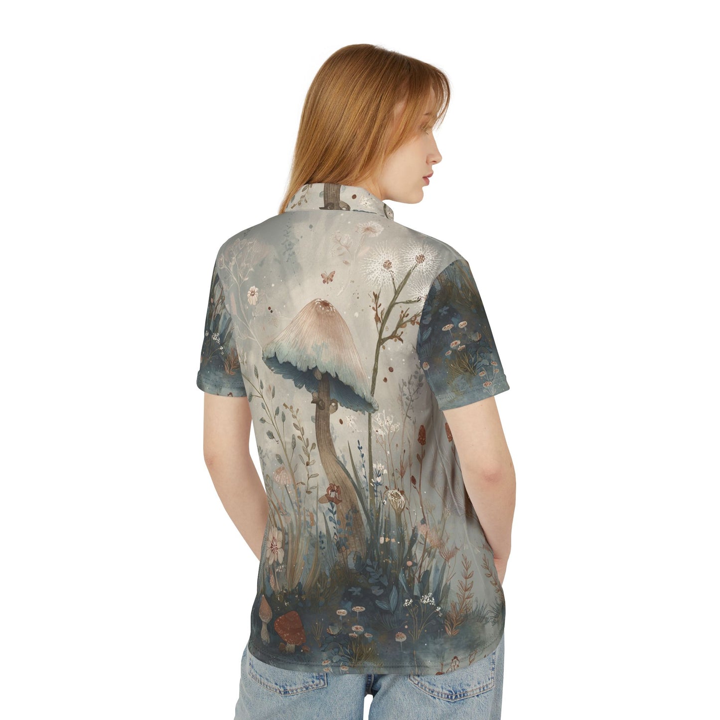 Boho Mushroom Polo Shirt - Artistic Floral Design, Unisex Polo, Summer Casual Wear, Garden Party Shirt, Eco-Friendly Fashion