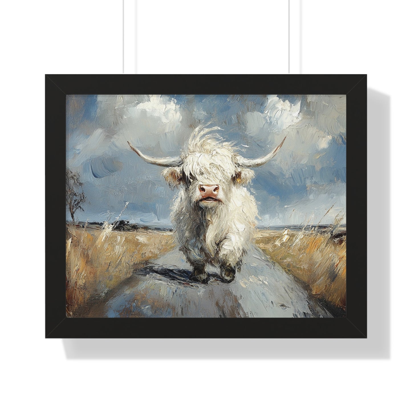 Poster - Cute White Highland Cow Running Down Road Escapee