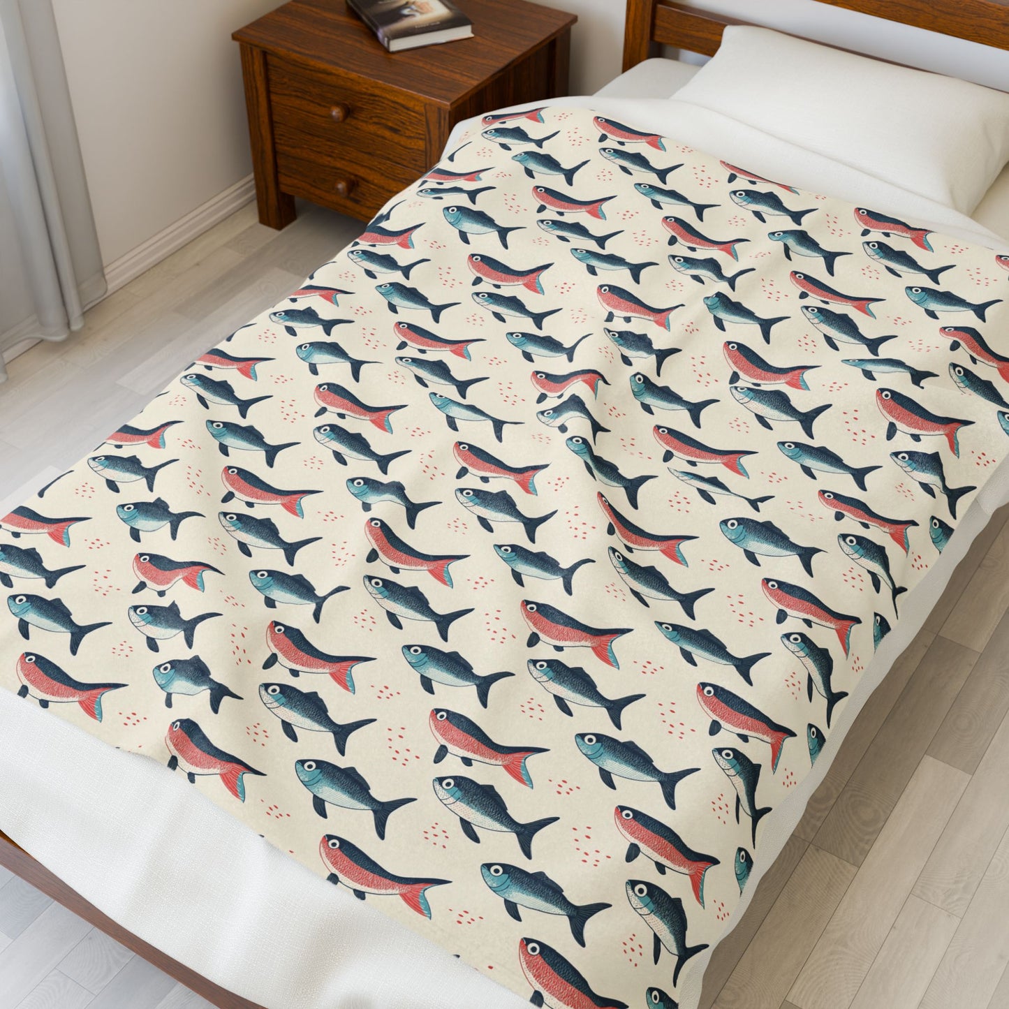 Whimsical Red Blue Carp Velveteen Plush Blanket, Cozy Home Decor for Fisherman Tan Background