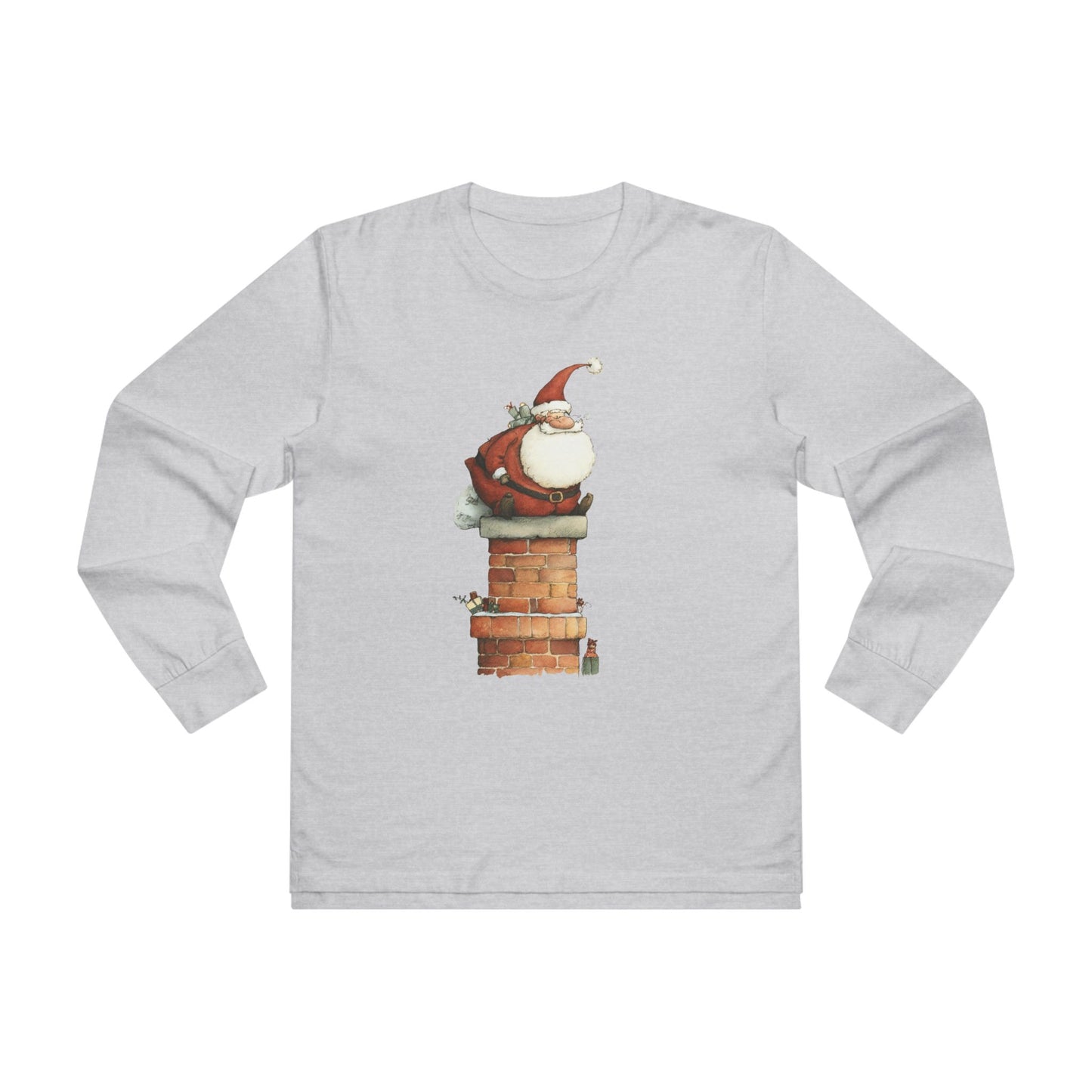 Festive Men’s Base Longsleeve Tee, Christmas Shirt, Santa in Chimney Design