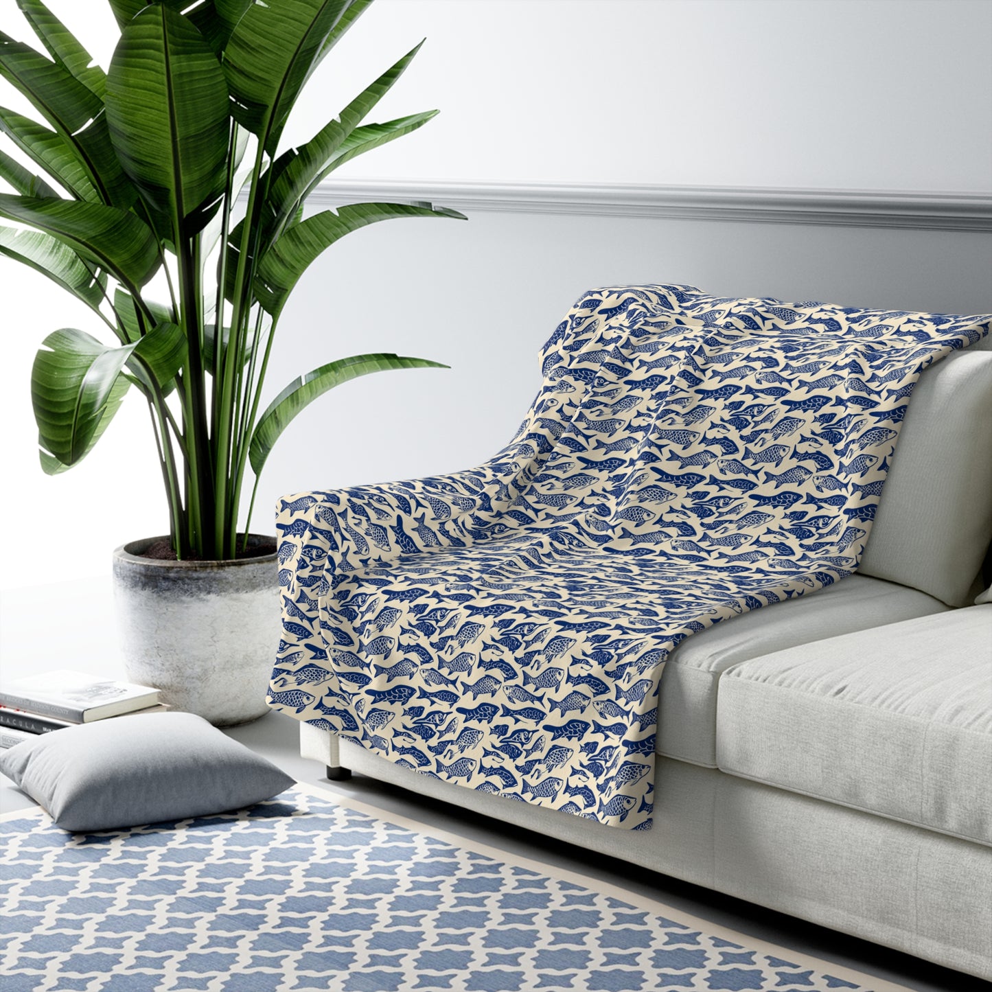 Nautical Sherpa Fleece Blanket, Cozy Sea Life Throw, Perfect for Beach Lovers