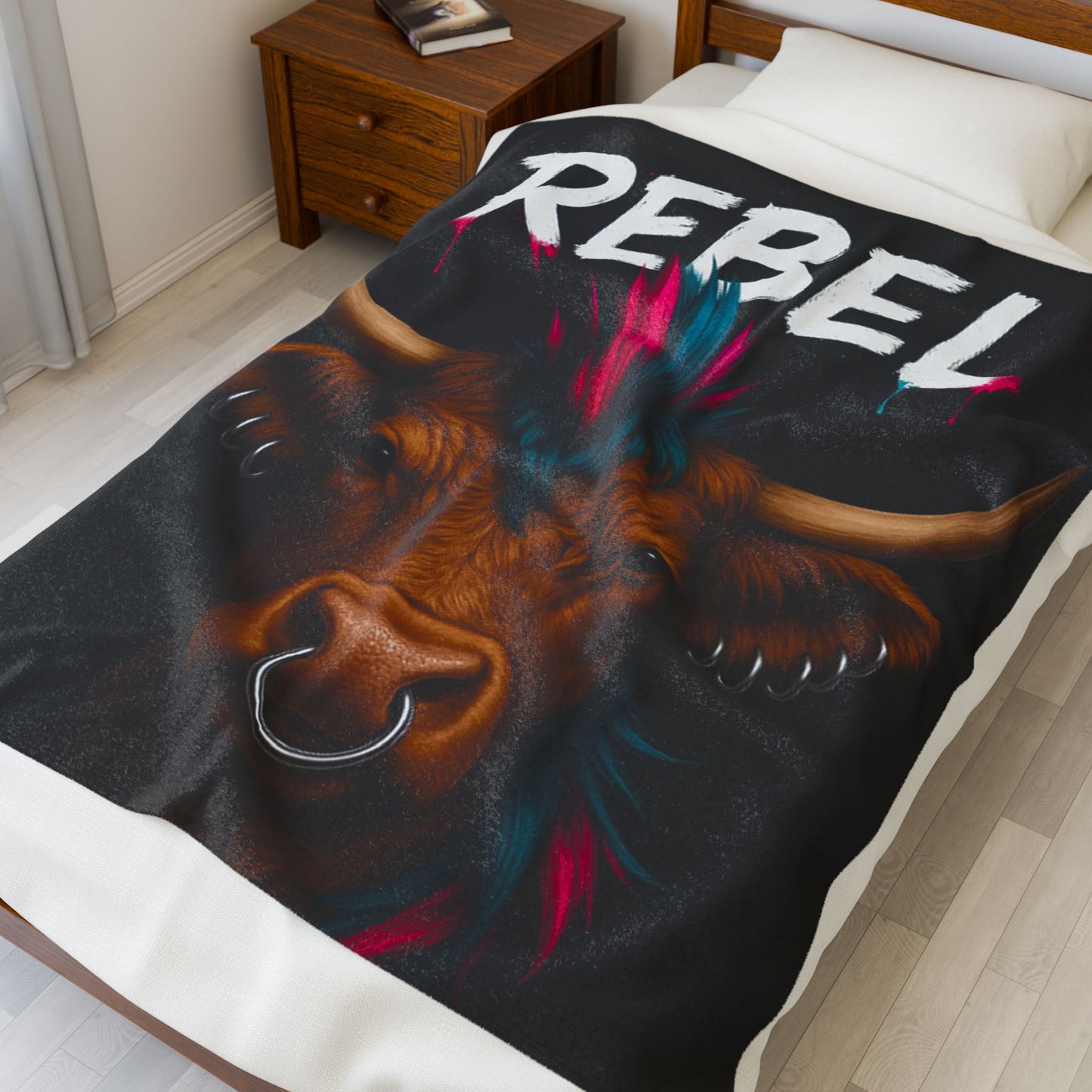 Rebel Cow Velveteen Plush Blanket, Cozy Throw for Animal Lovers, Unique Home Decor, Gift for Him/Her, Cow Decor