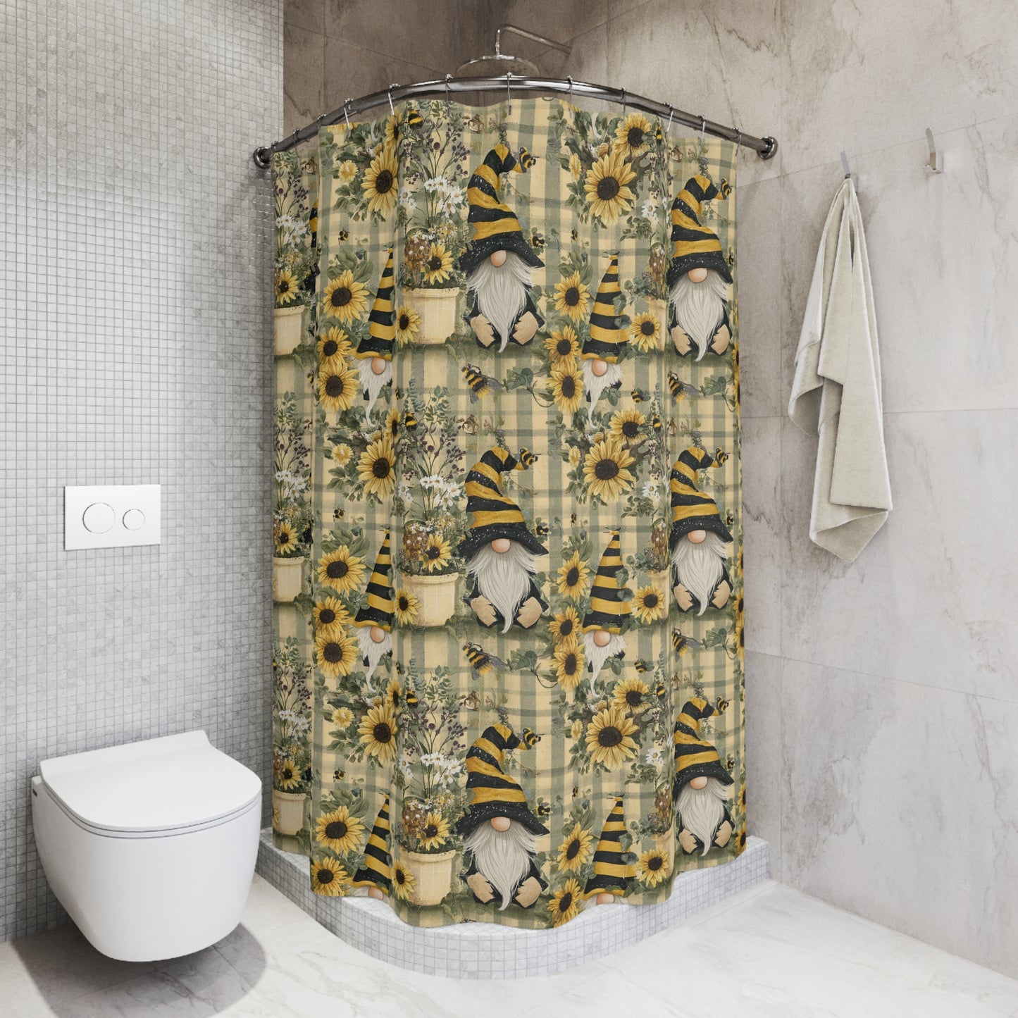 Whimsical Gnome & Sunflower Shower Curtain, Rustic Bathroom Decor, Farmhouse Style, Gift for Nature Lovers, Seasonal Home Accent