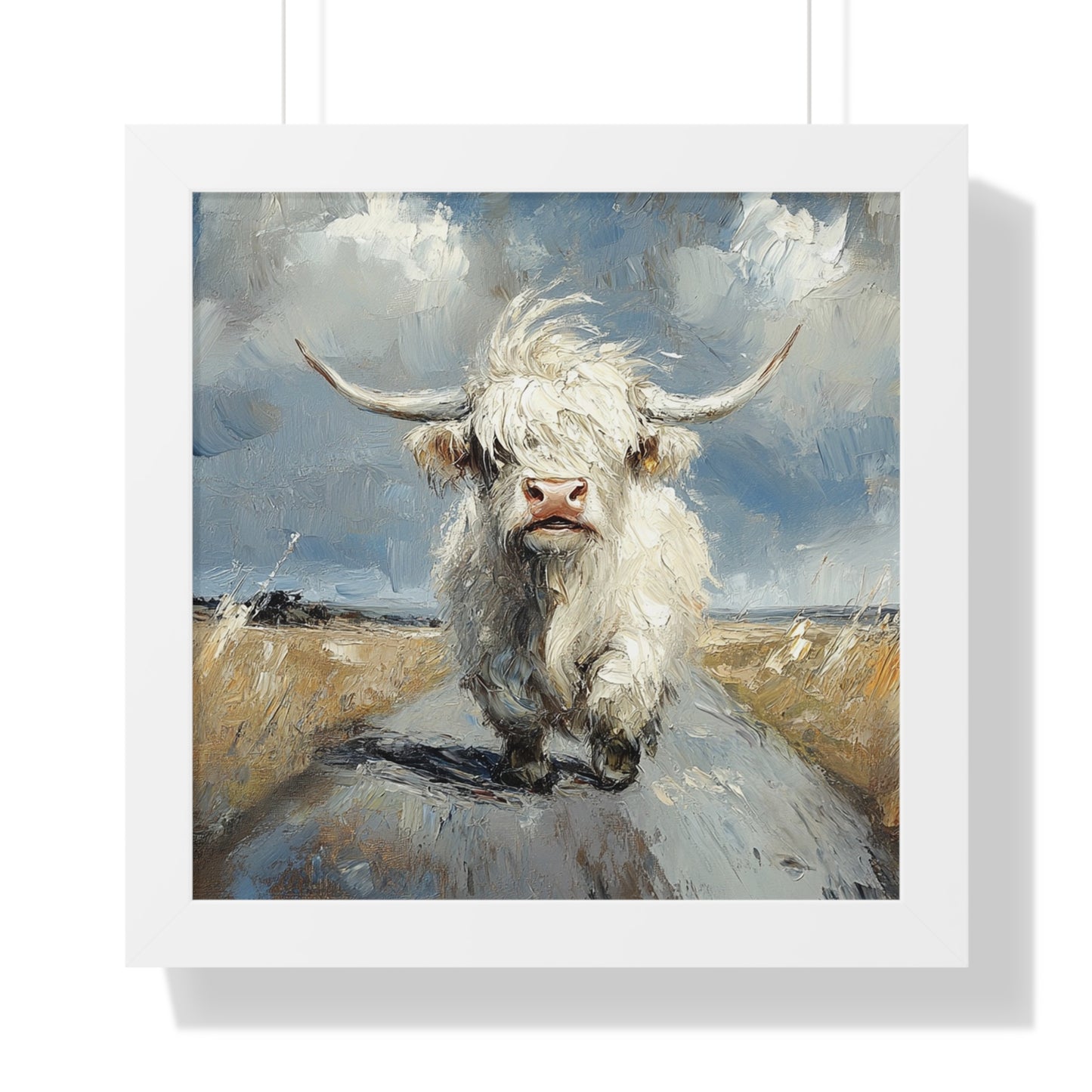 Poster - Cute White Highland Cow Running Down Road Escapee