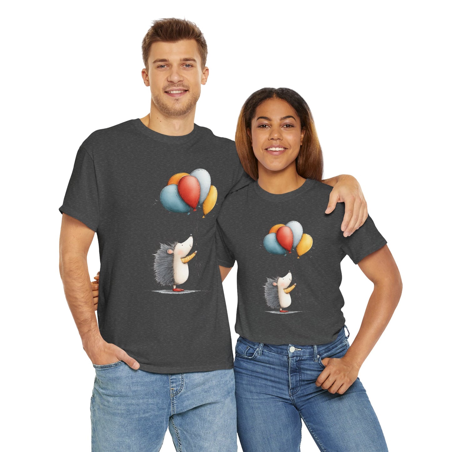 Adorable Hedgehog Balloon Tee, Cute Animal T-Shirt, Unisex Casual Wear, Birthday Gift, Fun Graphic Top