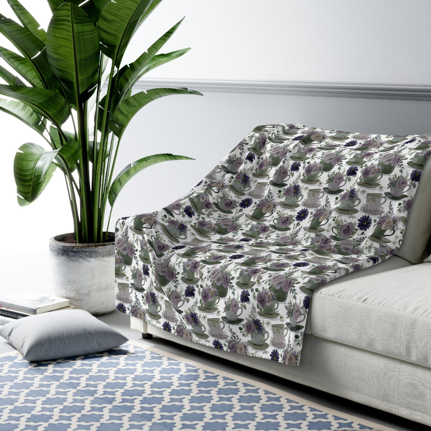 Floral Sherpa Fleece Blanket, Cozy Throw for Home Decor, Gift for Her, Boho Style