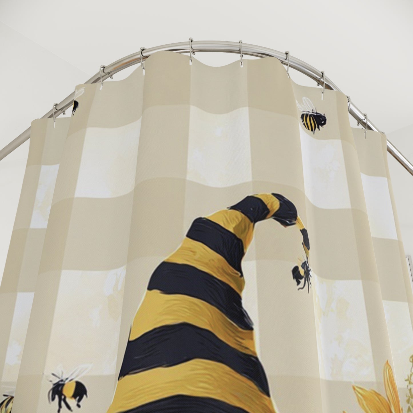Sunny Gnome Shower Curtain, Bee Themed Home Accessory, Gift for Garden Lovers, Cute Bathroom Update