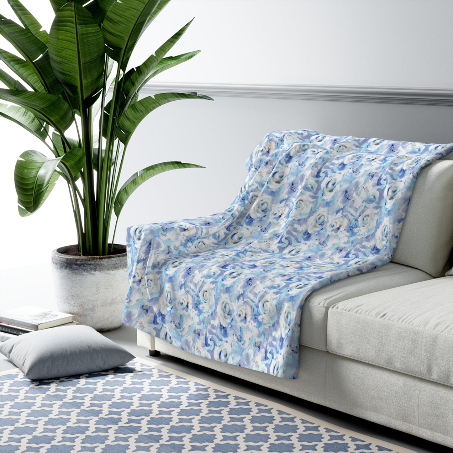 Cozy Blue Floral Sherpa Fleece Blanket, Ideal Gift for Weddings, Birthdays, Baby Shower
