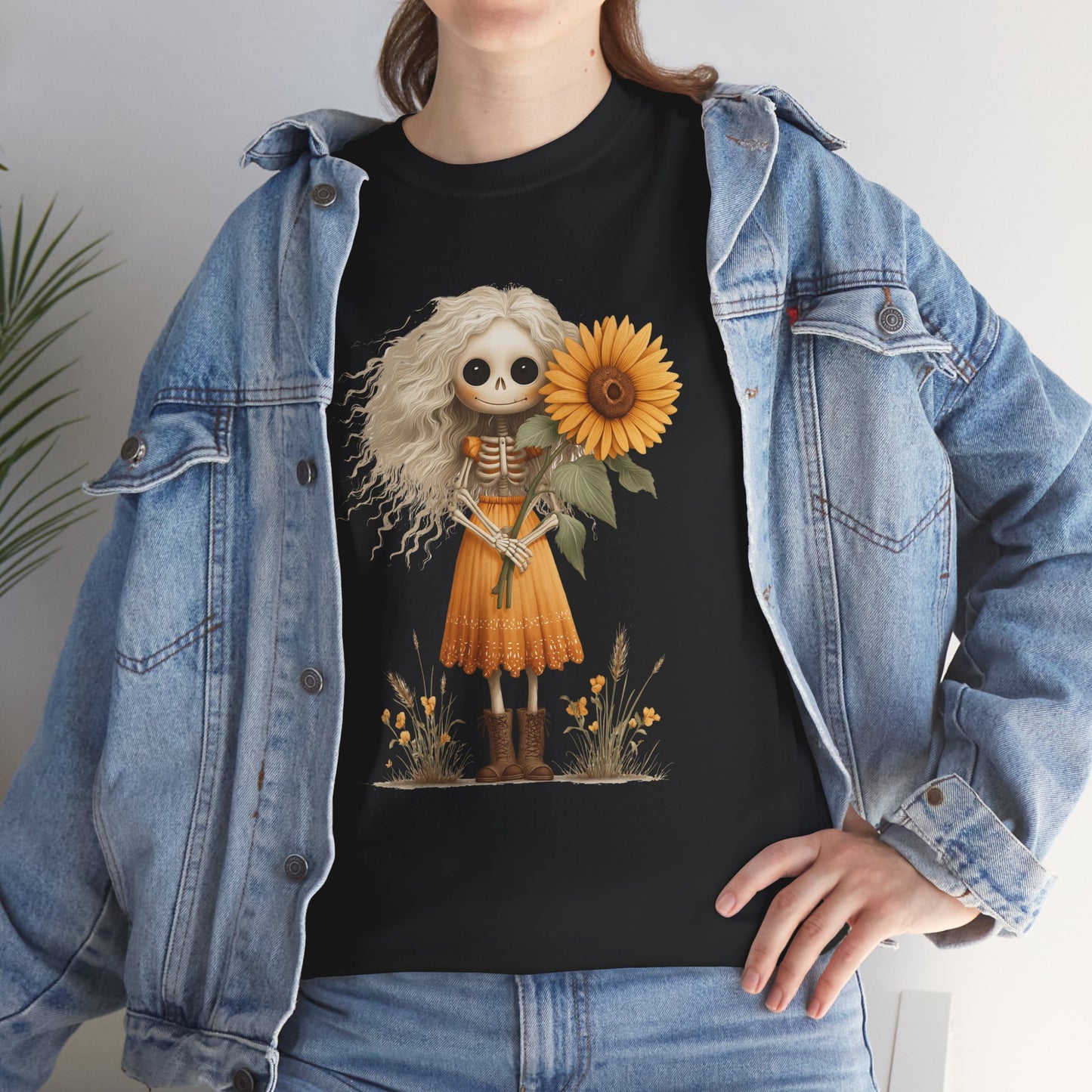 Sunflower Gothic Girl Unisex Cotton Tee, Boho T-Shirt, Gift for Autumn, Casual Wear, Harvest Festival Top, Halloween Shirt