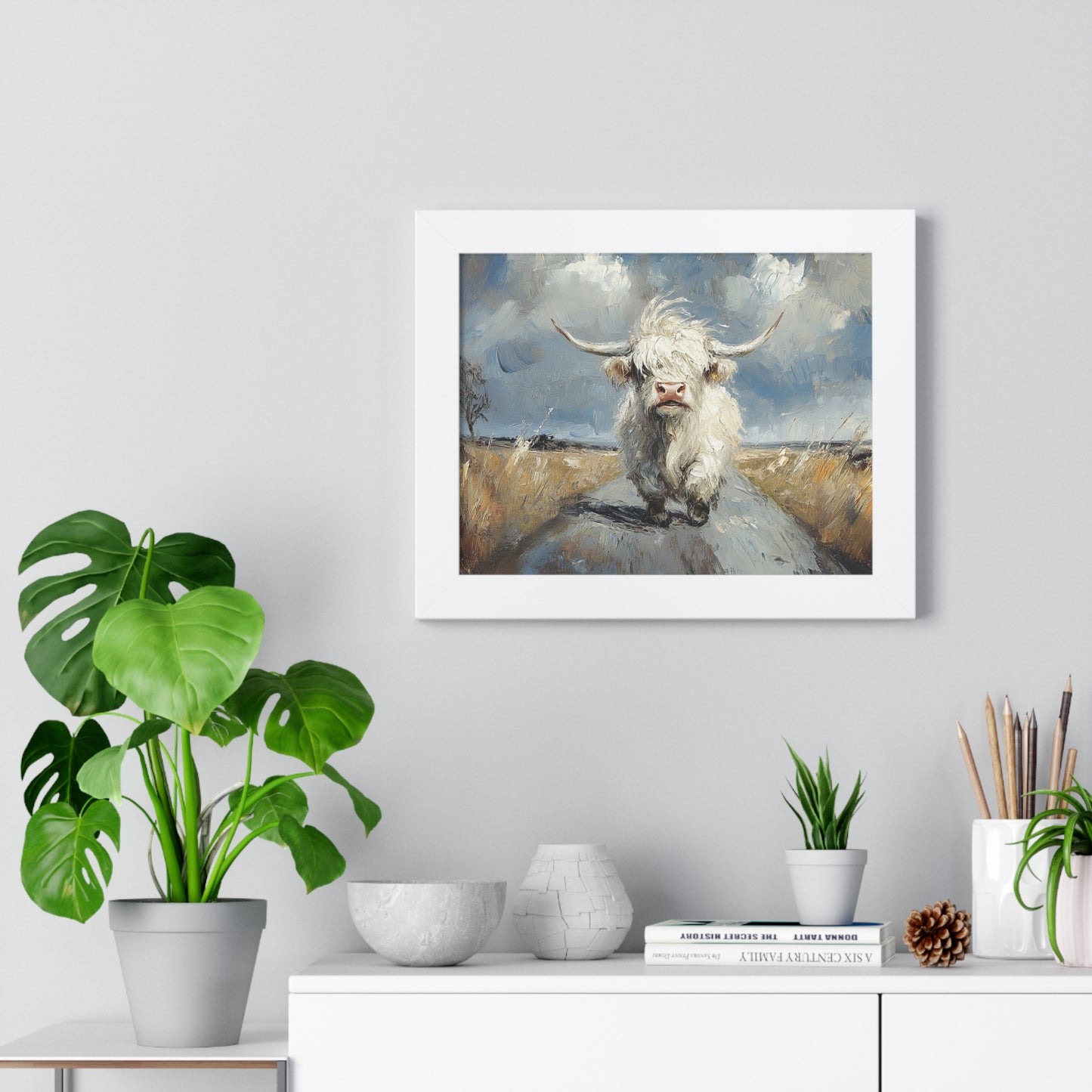 Poster - Cute White Highland Cow Running Down Road Escapee