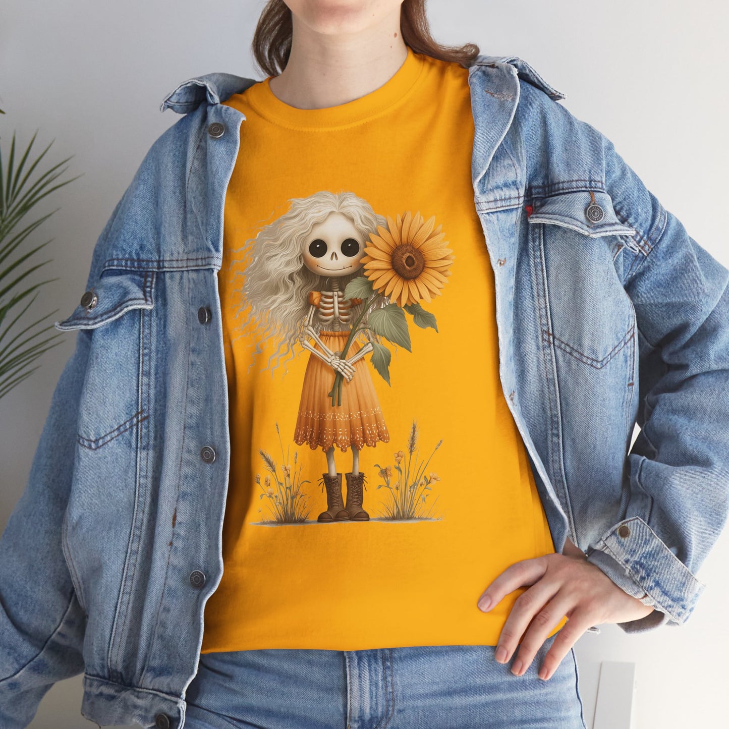 Sunflower Gothic Girl Unisex Cotton Tee, Boho T-Shirt, Gift for Autumn, Casual Wear, Harvest Festival Top, Halloween Shirt