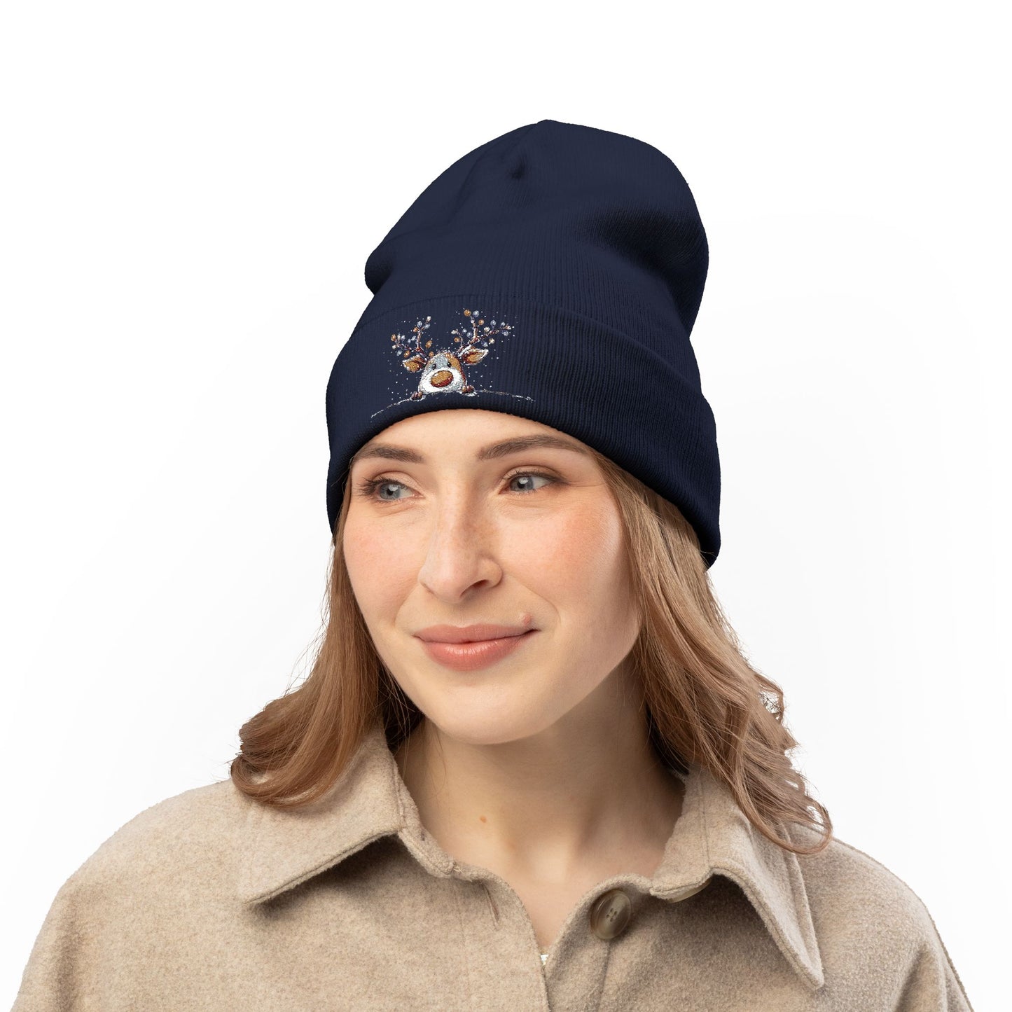 Beanie Hat - Peeking Rudolf with Christmas Lights Embroidered