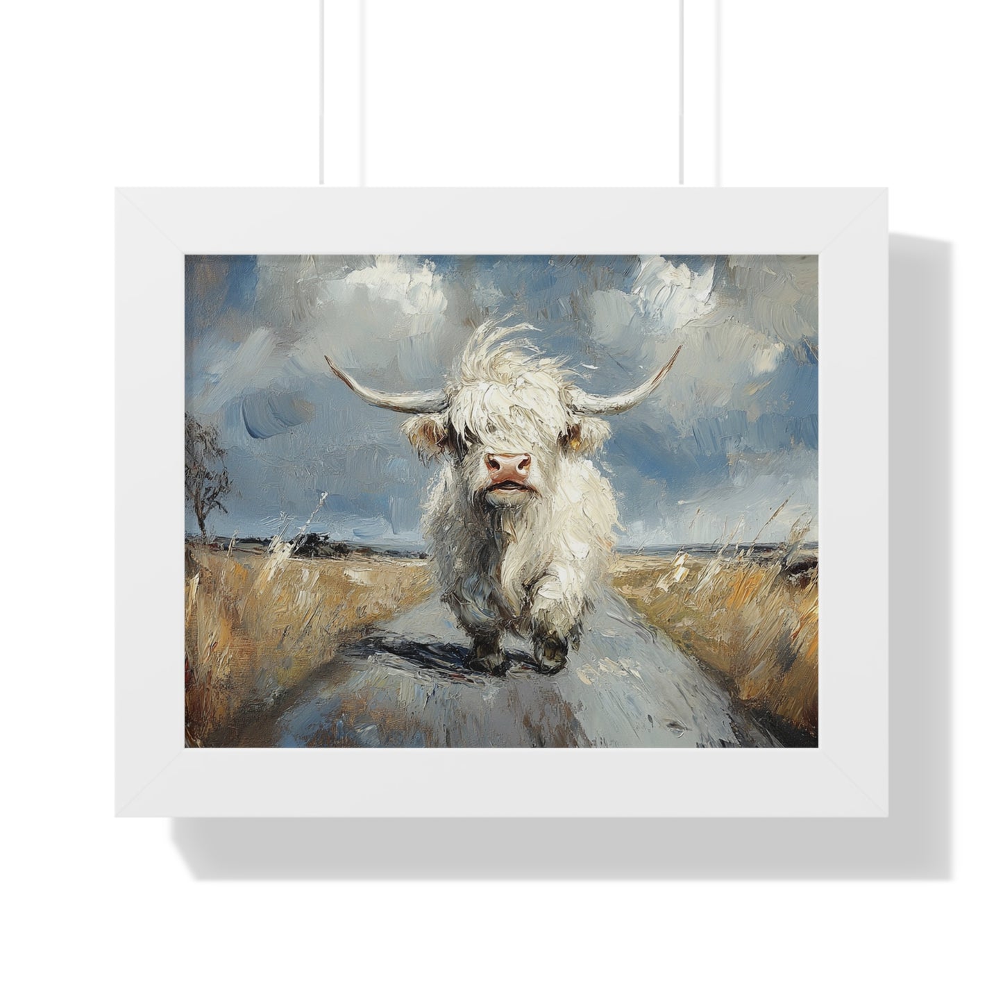 Poster - Cute White Highland Cow Running Down Road Escapee