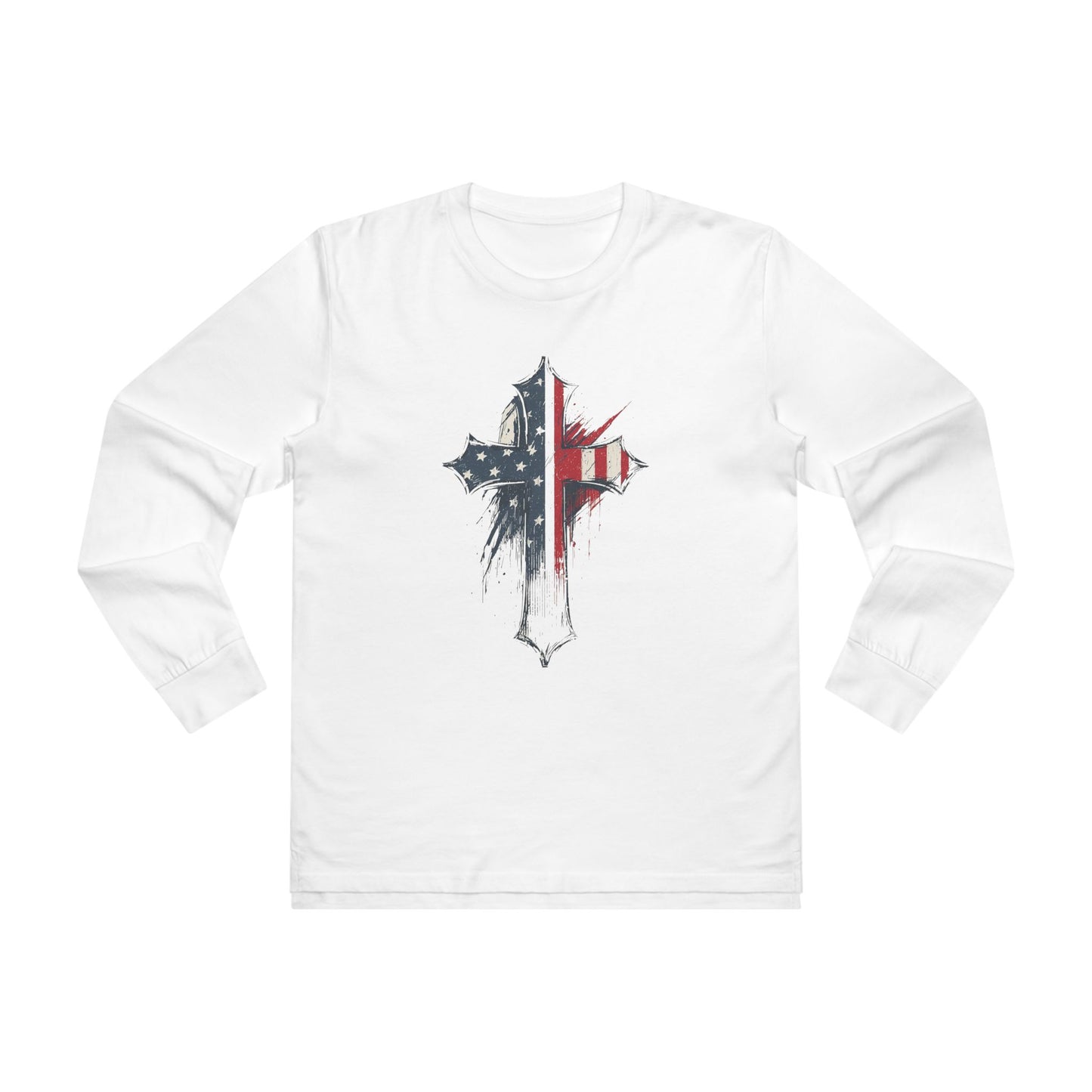 Patriotic Long Sleeve Tee with Distressed Flag Cross, USA Pride Shirt, Casual Wear, Gift for Veterans, Memorial Day, Independence Day