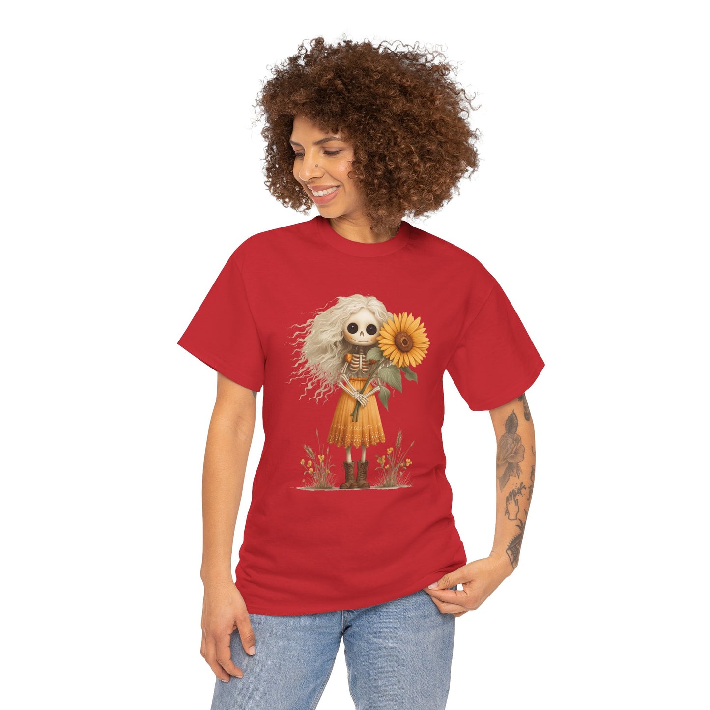 Sunflower Gothic Girl Unisex Cotton Tee, Boho T-Shirt, Gift for Autumn, Casual Wear, Harvest Festival Top, Halloween Shirt