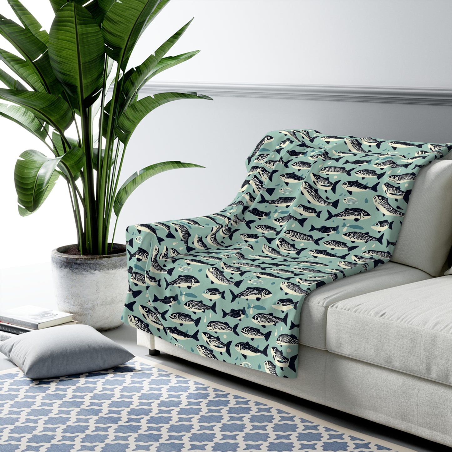 Fish Pattern Sherpa Fleece Blanket, Gift for Fishermen, Outdoor Lover's Blanket, Unique Blanket