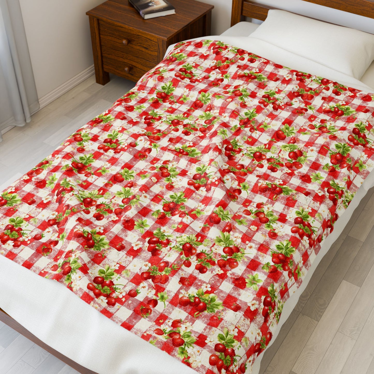 Cozy Strawberry Picnic Velveteen Plush Blanket, Soft Throw Blanket, Home Decor, Gift for All Occasions, Cozy Living Room Accessory
