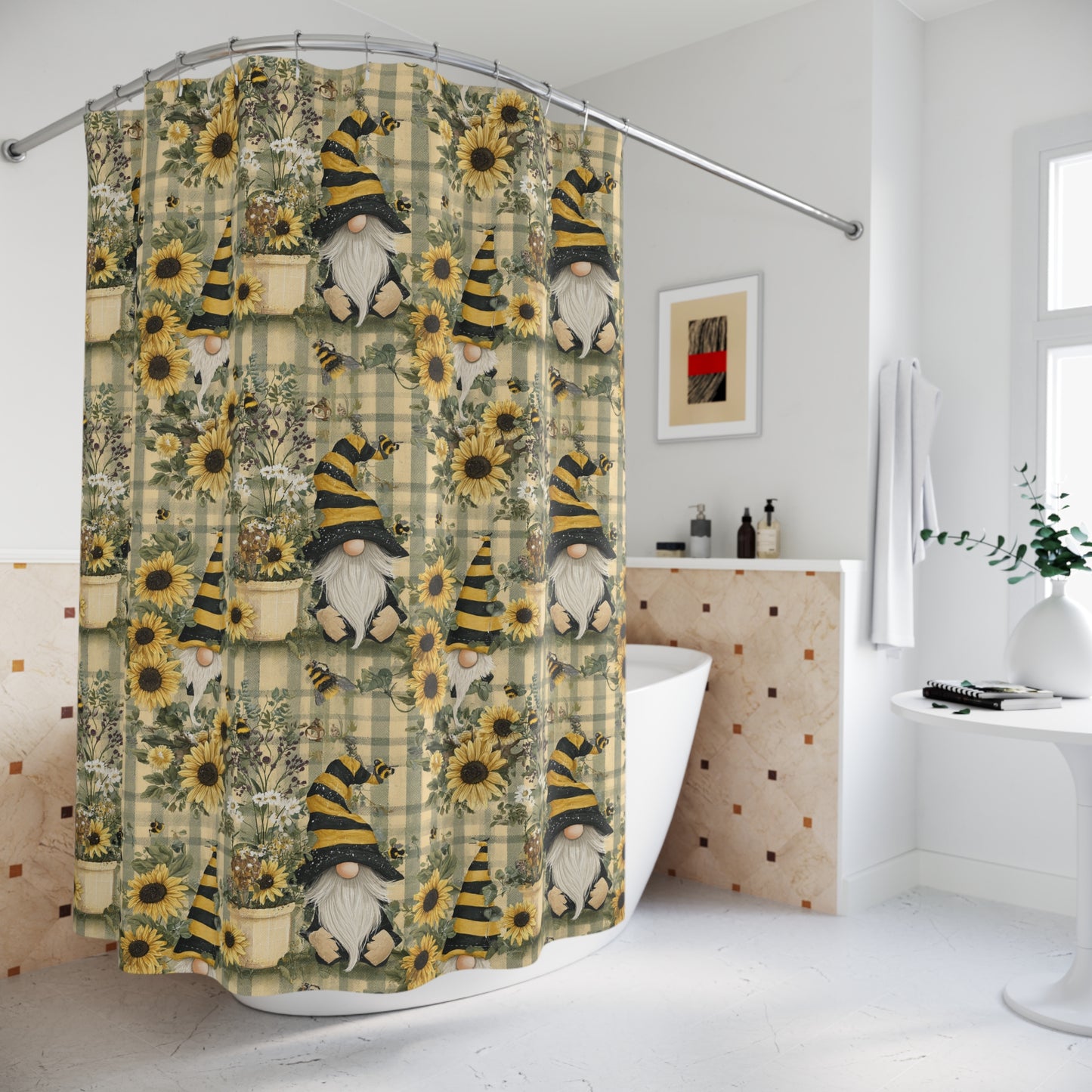 Whimsical Gnome & Sunflower Shower Curtain, Rustic Bathroom Decor, Farmhouse Style, Gift for Nature Lovers, Seasonal Home Accent