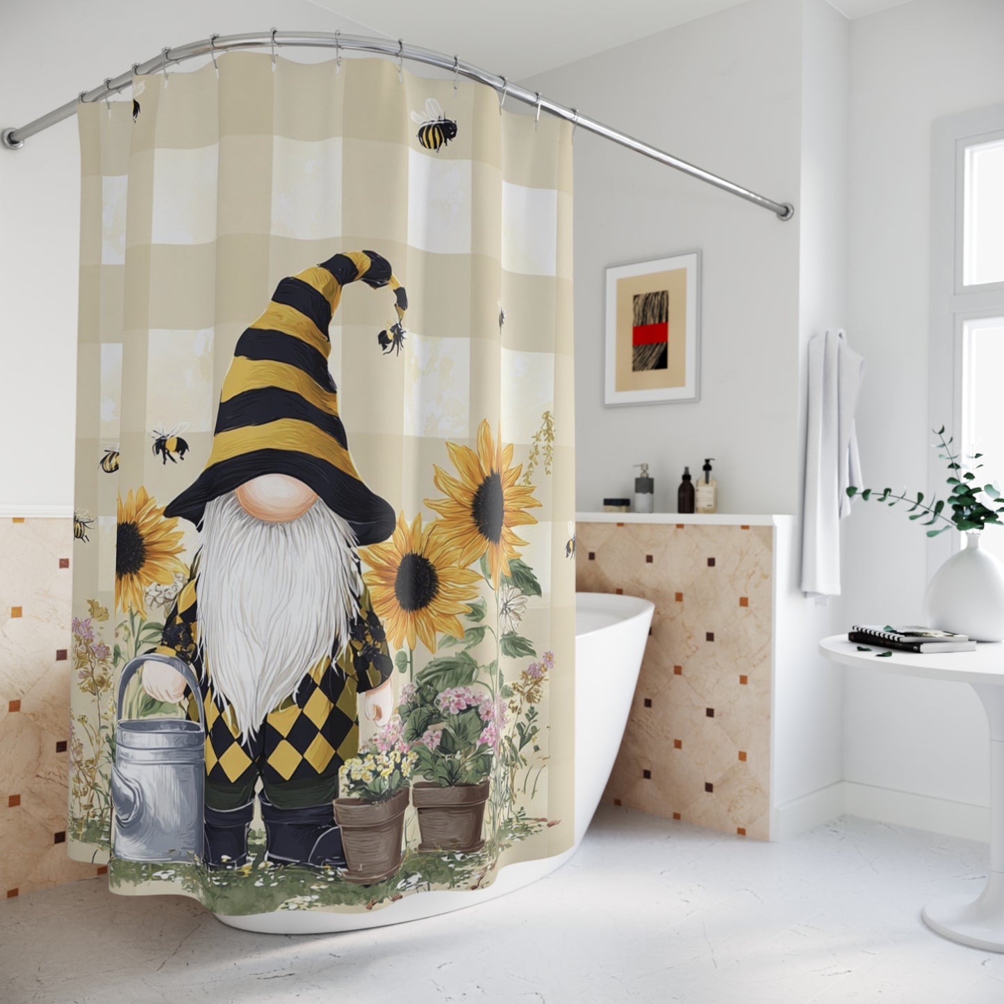 Sunny Gnome Shower Curtain, Bee Themed Home Accessory, Gift for Garden Lovers, Cute Bathroom Update