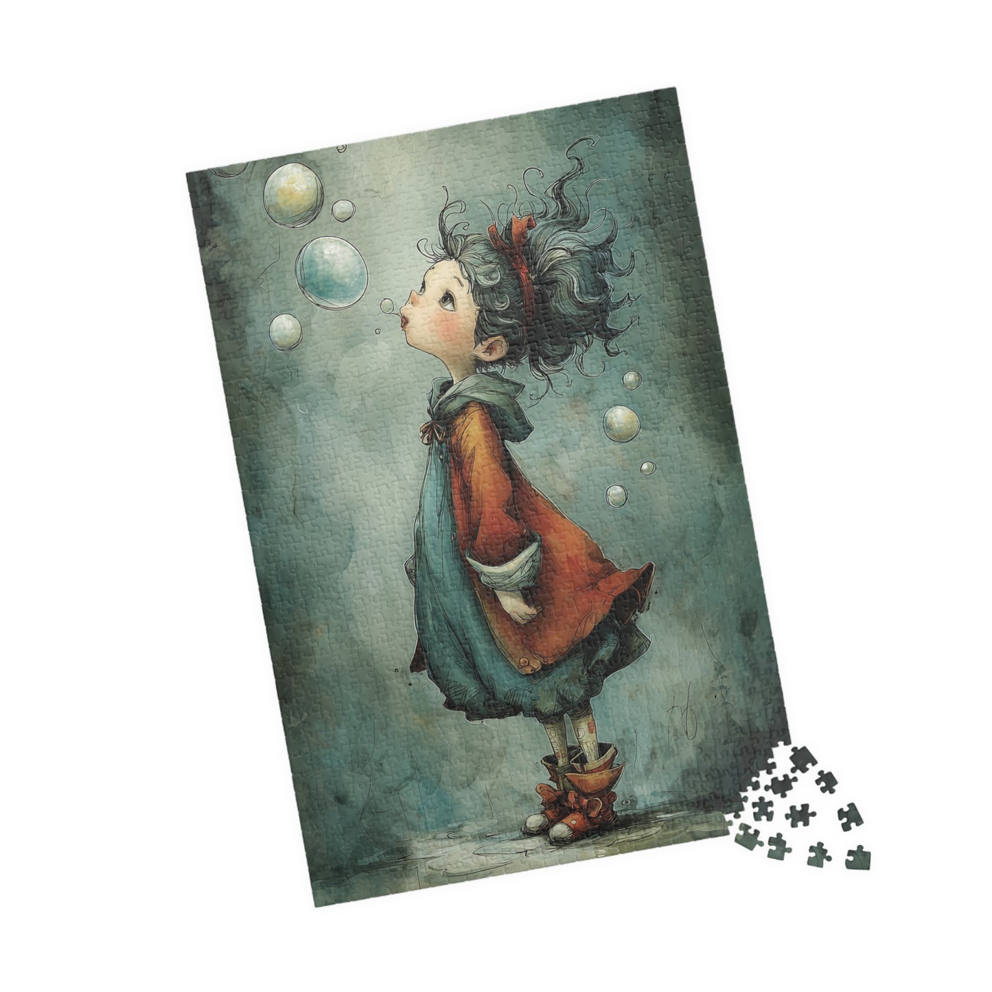 Blue Colored Little Girl and Bubble Puzzles - Enchanting Artwork for Family Fun, Stress Relief