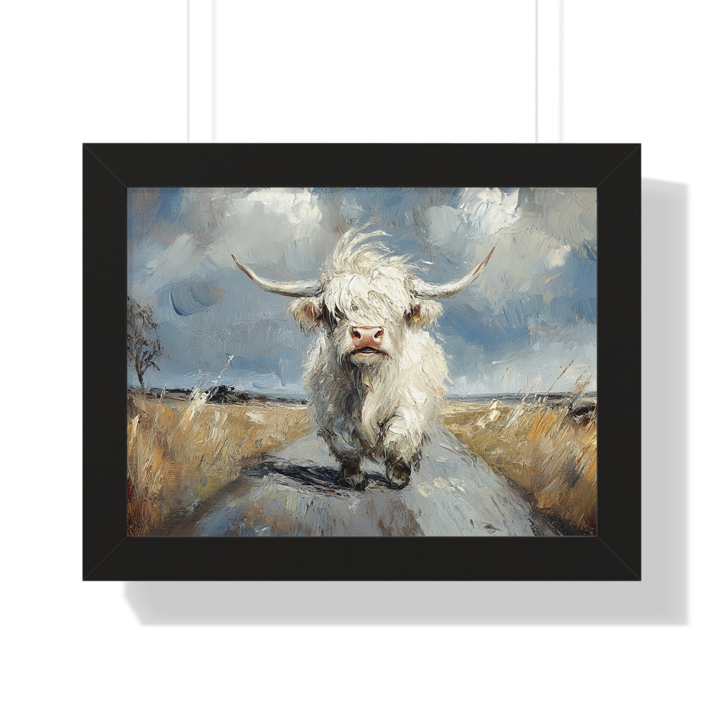 Poster - Cute White Highland Cow Running Down Road Escapee