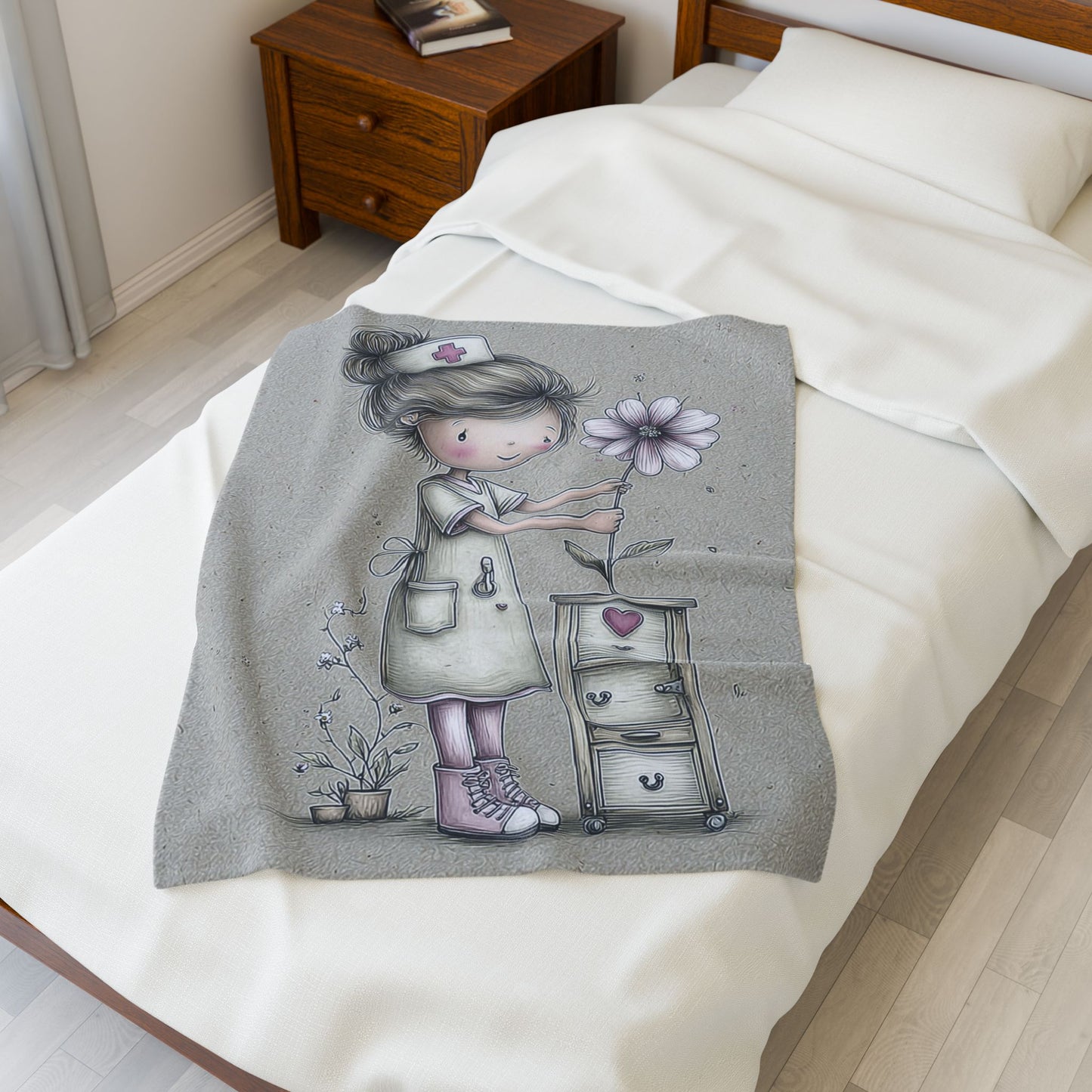 Nurse Floral Velveteen Plush Blanket, Cozy Throw for Healthcare Workers, Gift for Nurses, Relaxation Home Decor, Soft Bedding Accents