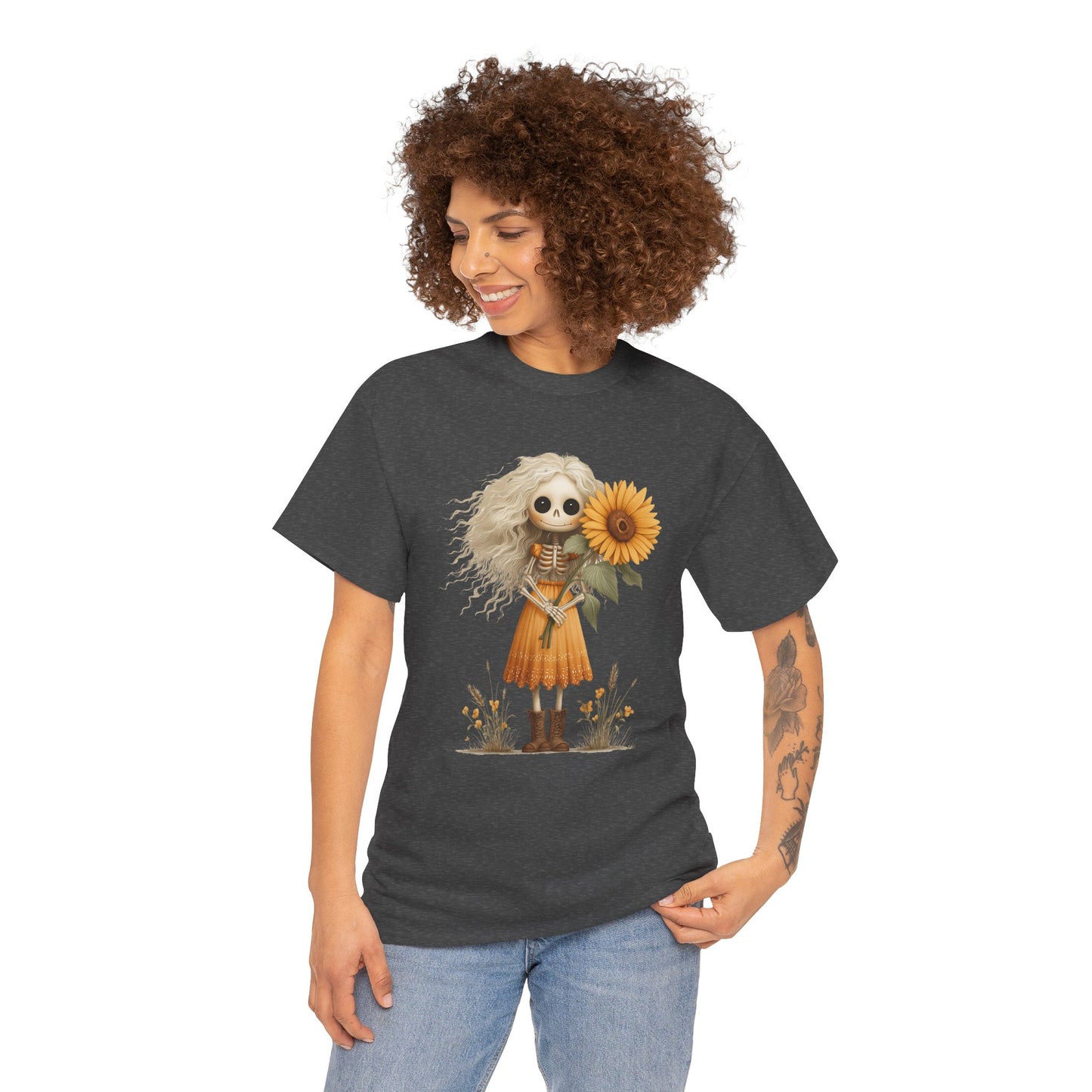 Sunflower Gothic Girl Unisex Cotton Tee, Boho T-Shirt, Gift for Autumn, Casual Wear, Harvest Festival Top, Halloween Shirt
