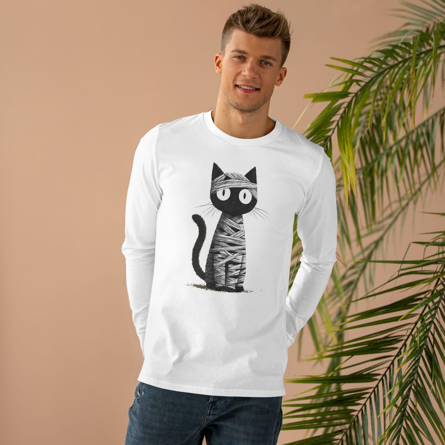 Men’s Cat Mummy Longsleeve Tee, Fun Halloween Shirt, Cat Lover Gift, Cozy Fall Fashion, Unique Graphic Tee