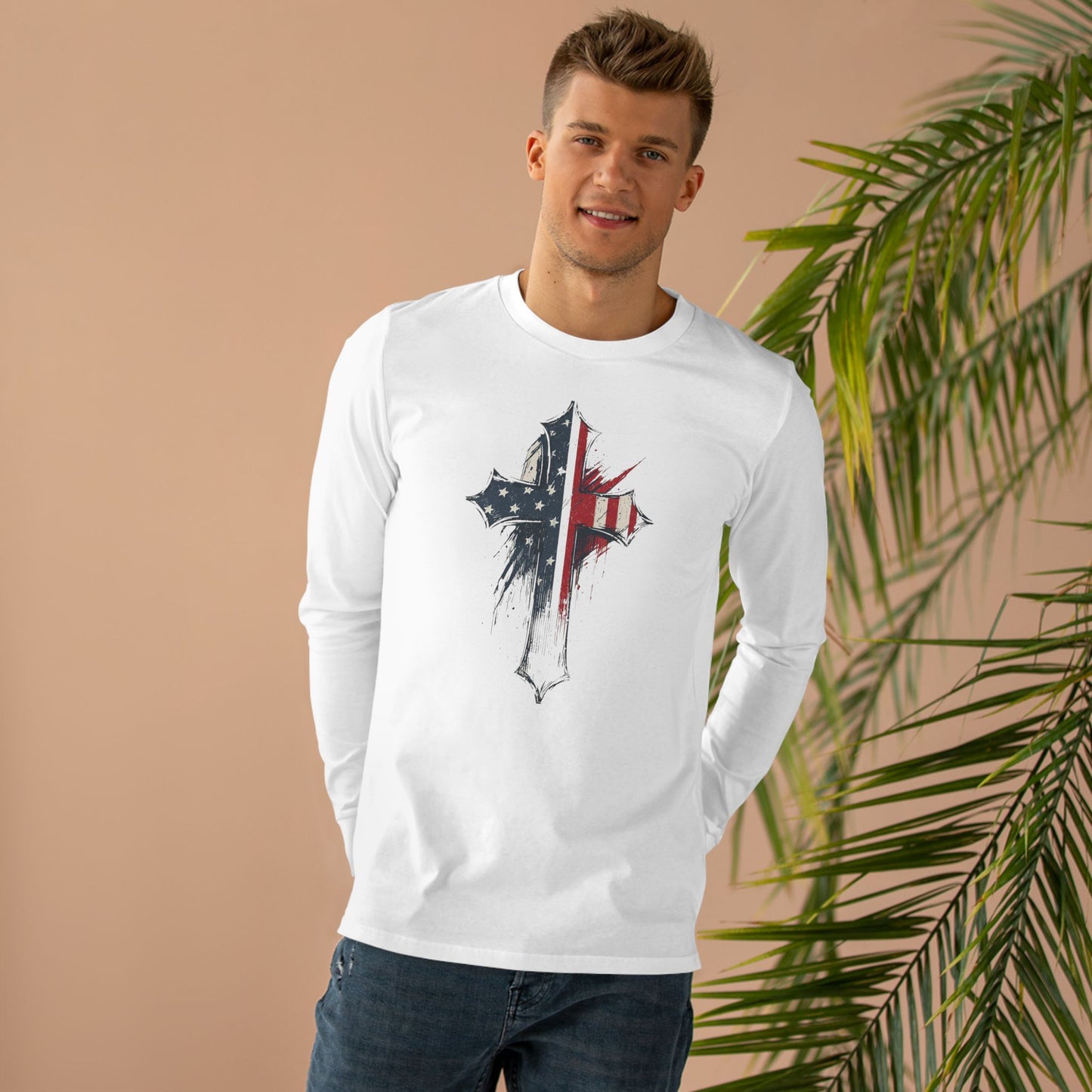 Patriotic Long Sleeve Tee with Distressed Flag Cross, USA Pride Shirt, Casual Wear, Gift for Veterans, Memorial Day, Independence Day