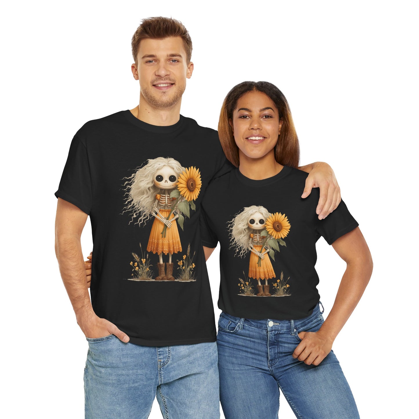 Sunflower Gothic Girl Unisex Cotton Tee, Boho T-Shirt, Gift for Autumn, Casual Wear, Harvest Festival Top, Halloween Shirt