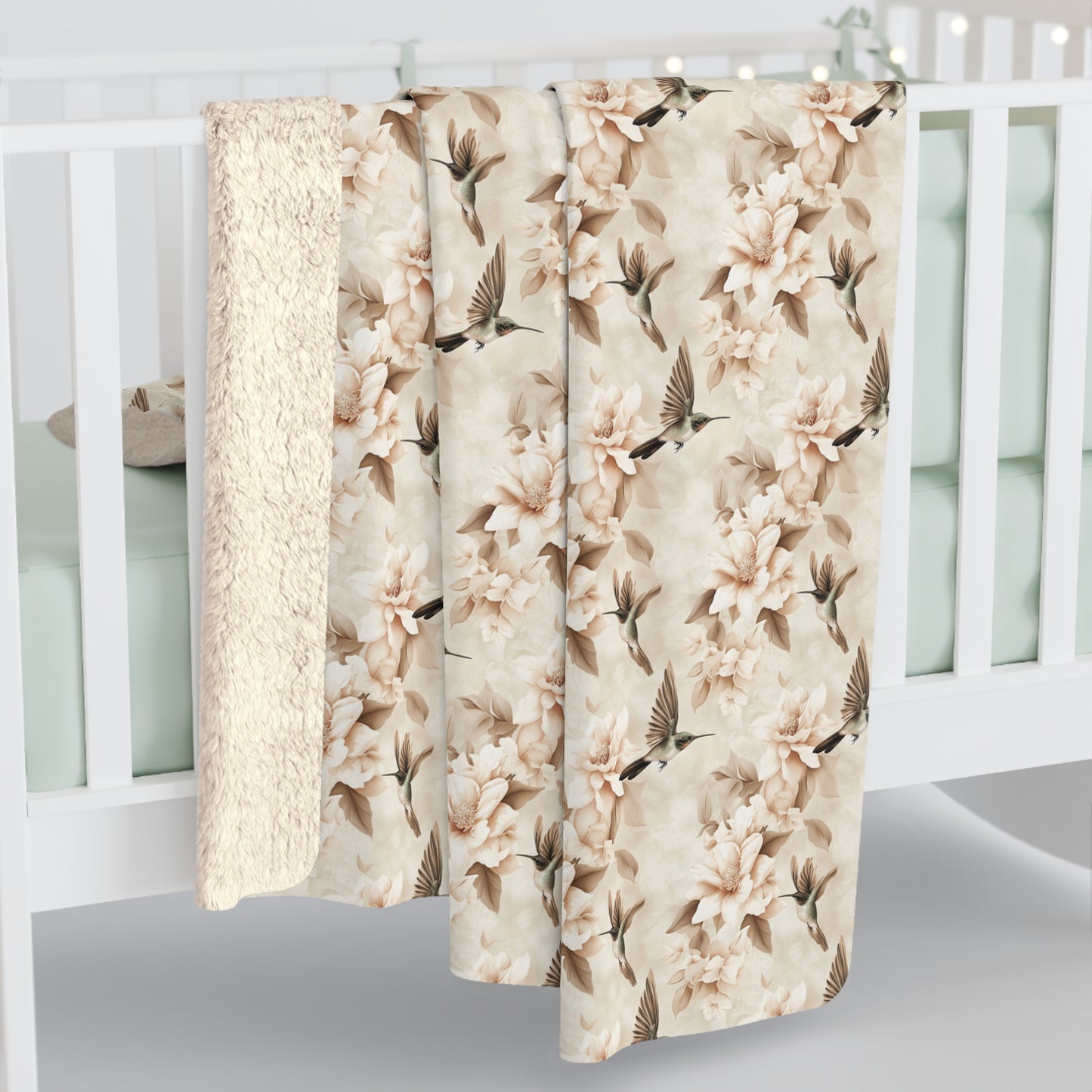 Sherpa Fleece Blanket - Ivory Hummingbirds