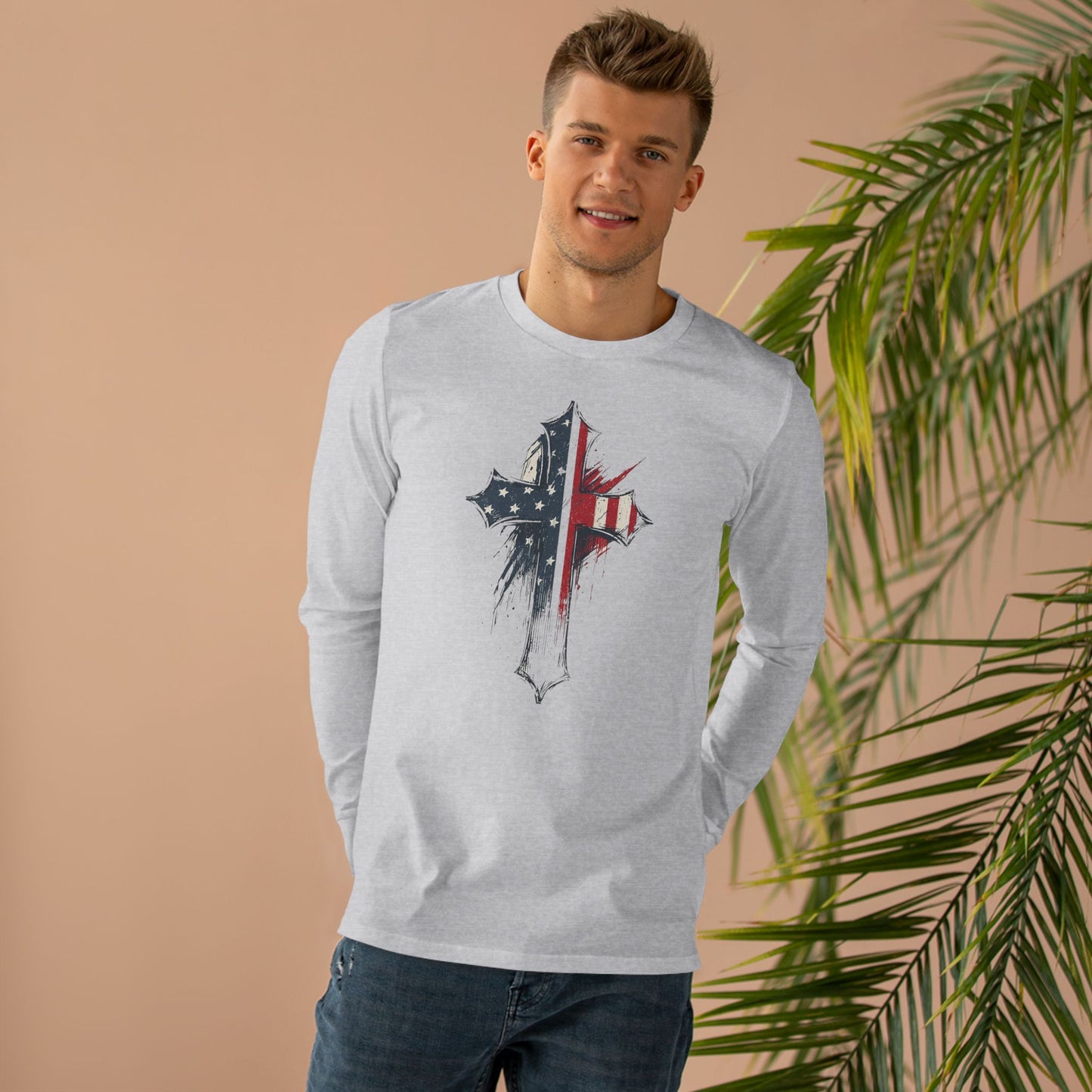 Patriotic Long Sleeve Tee with Distressed Flag Cross, USA Pride Shirt, Casual Wear, Gift for Veterans, Memorial Day, Independence Day