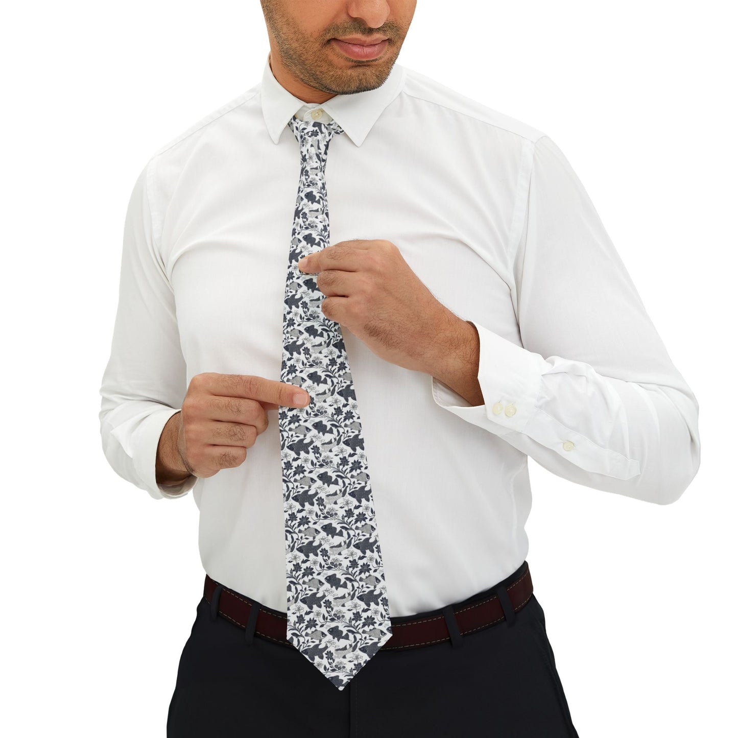 Necktie - Elegant Black and White Fish Pattern, Perfect for Wedding