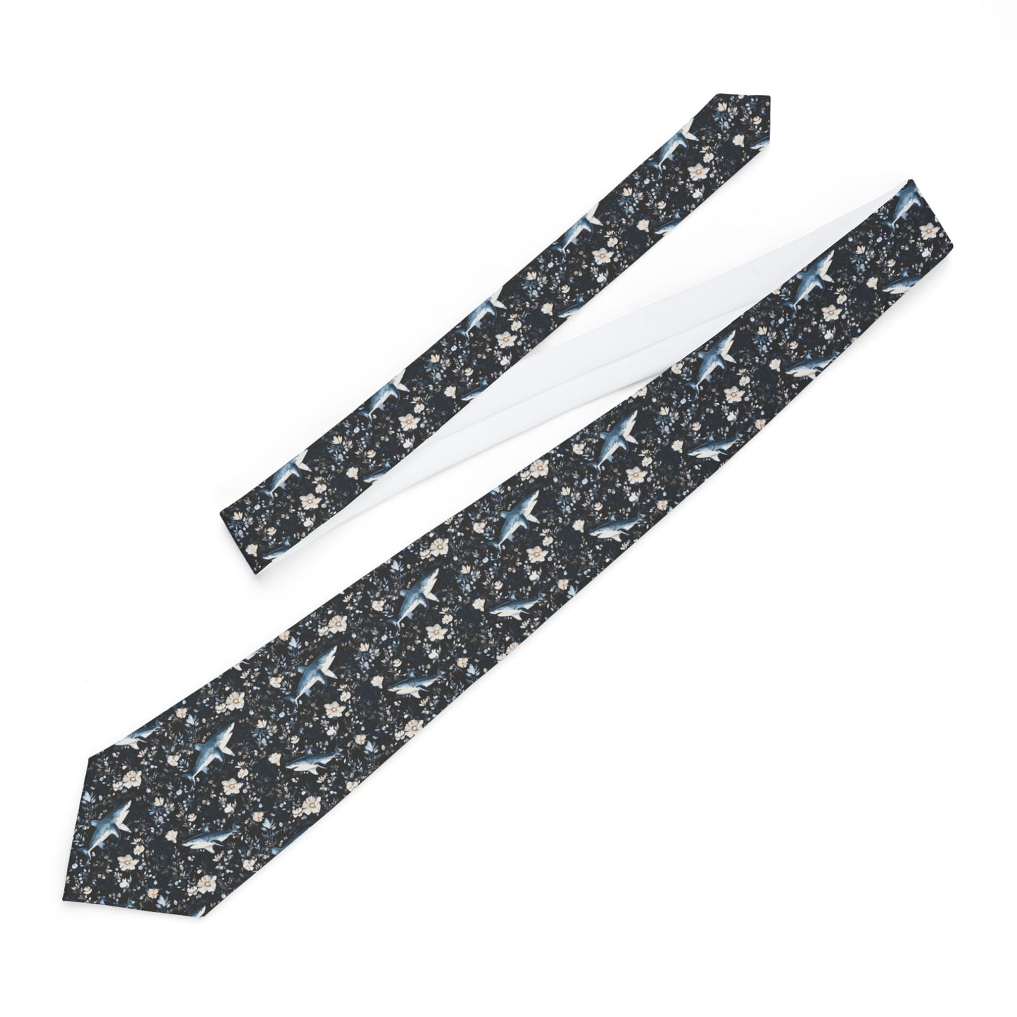 Blue Floral Sharks on Black Background Necktie | Unique Gift for Men | Office Wear, Formal Events, Weddings