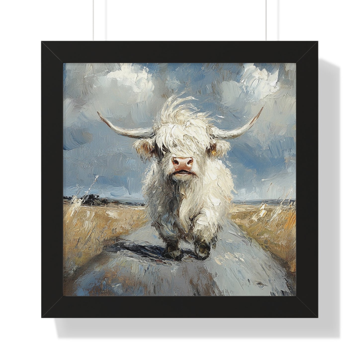 Poster - Cute White Highland Cow Running Down Road Escapee