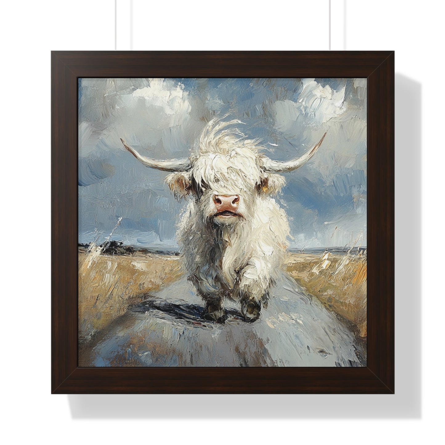 Poster - Cute White Highland Cow Running Down Road Escapee