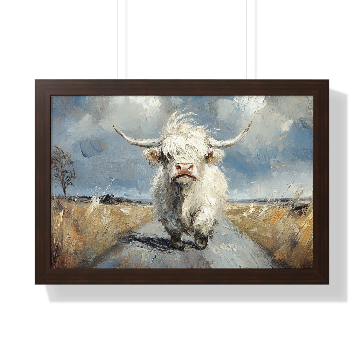 Poster - Cute White Highland Cow Running Down Road Escapee
