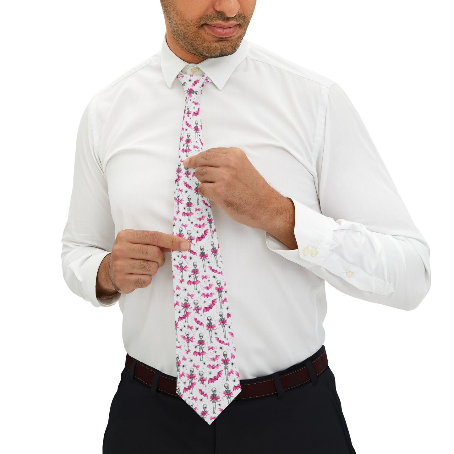 Pink and White Halloween Necktie for Weddings, Business, Parties, Stylish Accessory, Gift for Him | Skelton Print