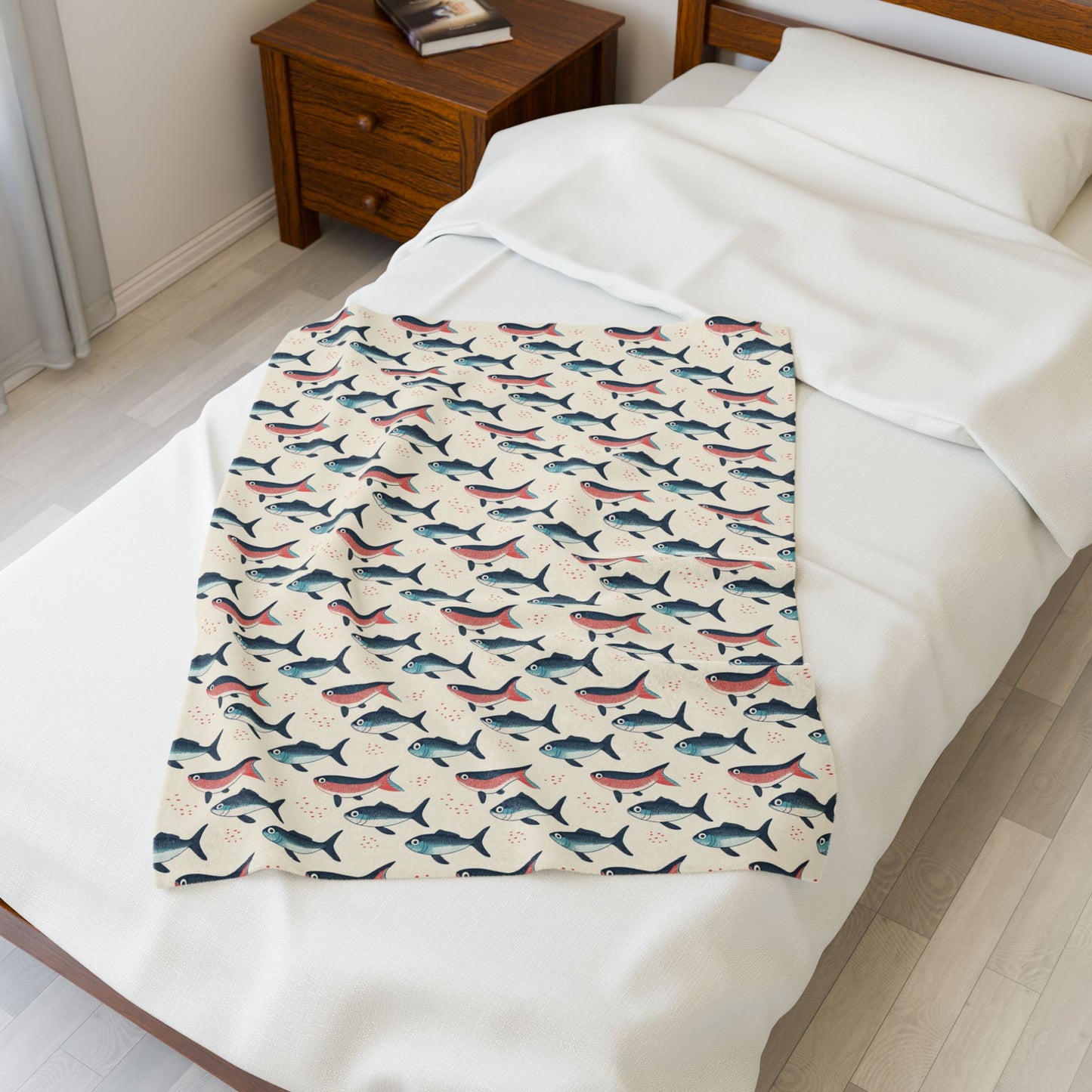 Whimsical Red Blue Carp Velveteen Plush Blanket, Cozy Home Decor for Fisherman Tan Background
