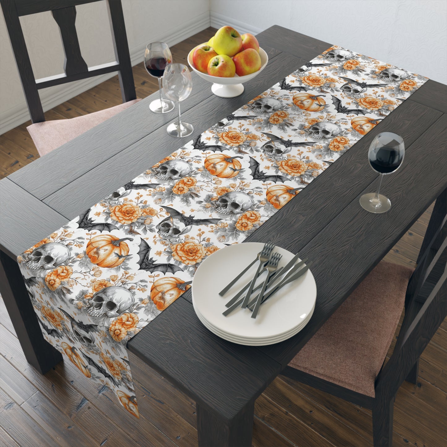 Halloween Themed Table Runner, Spooky Decor for Fall, Gothic Home Accents, Pumpkin and Skull Design, Perfect for Parties