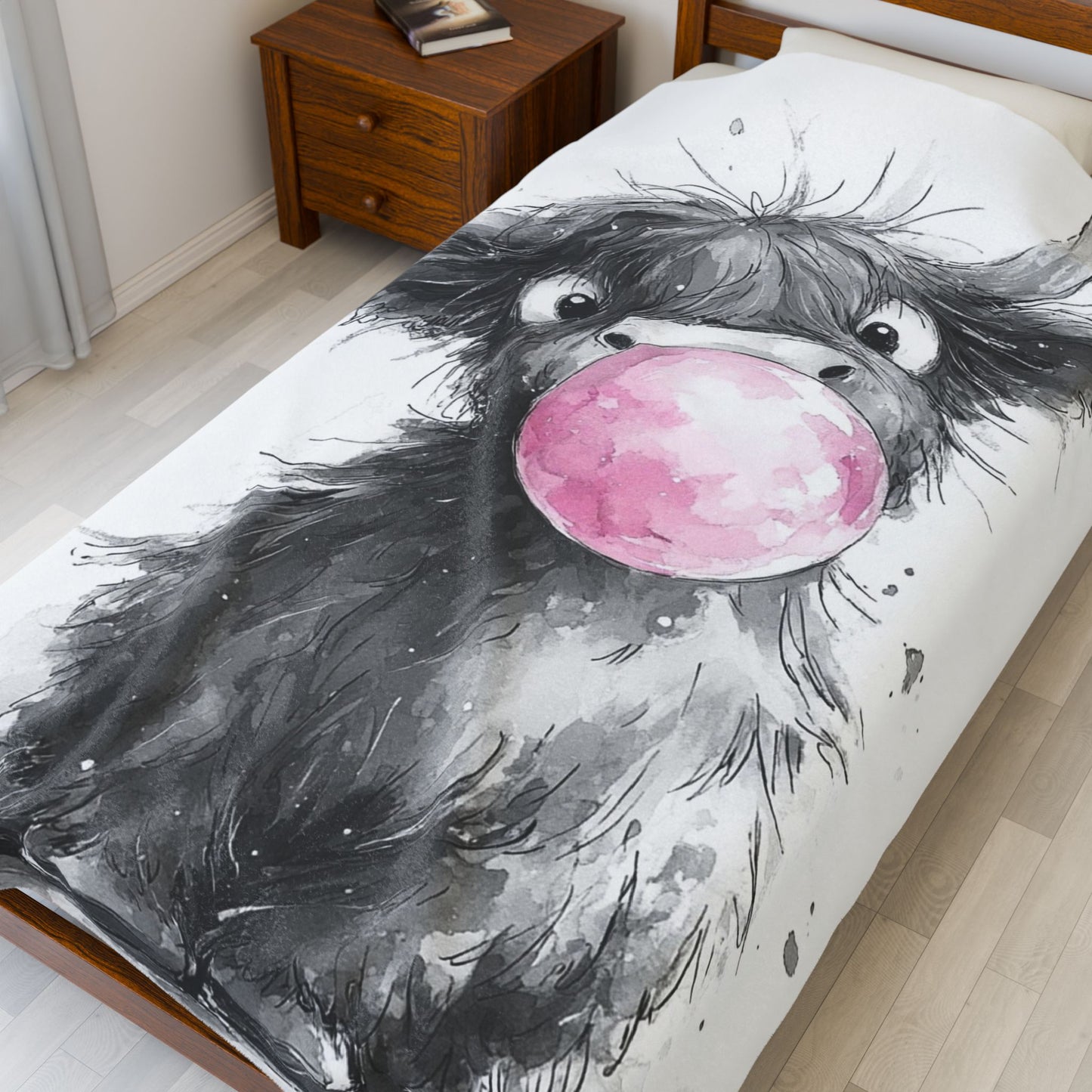 Adorable Baby Highland Cow Bubblegum Velveteen Throw Blanket