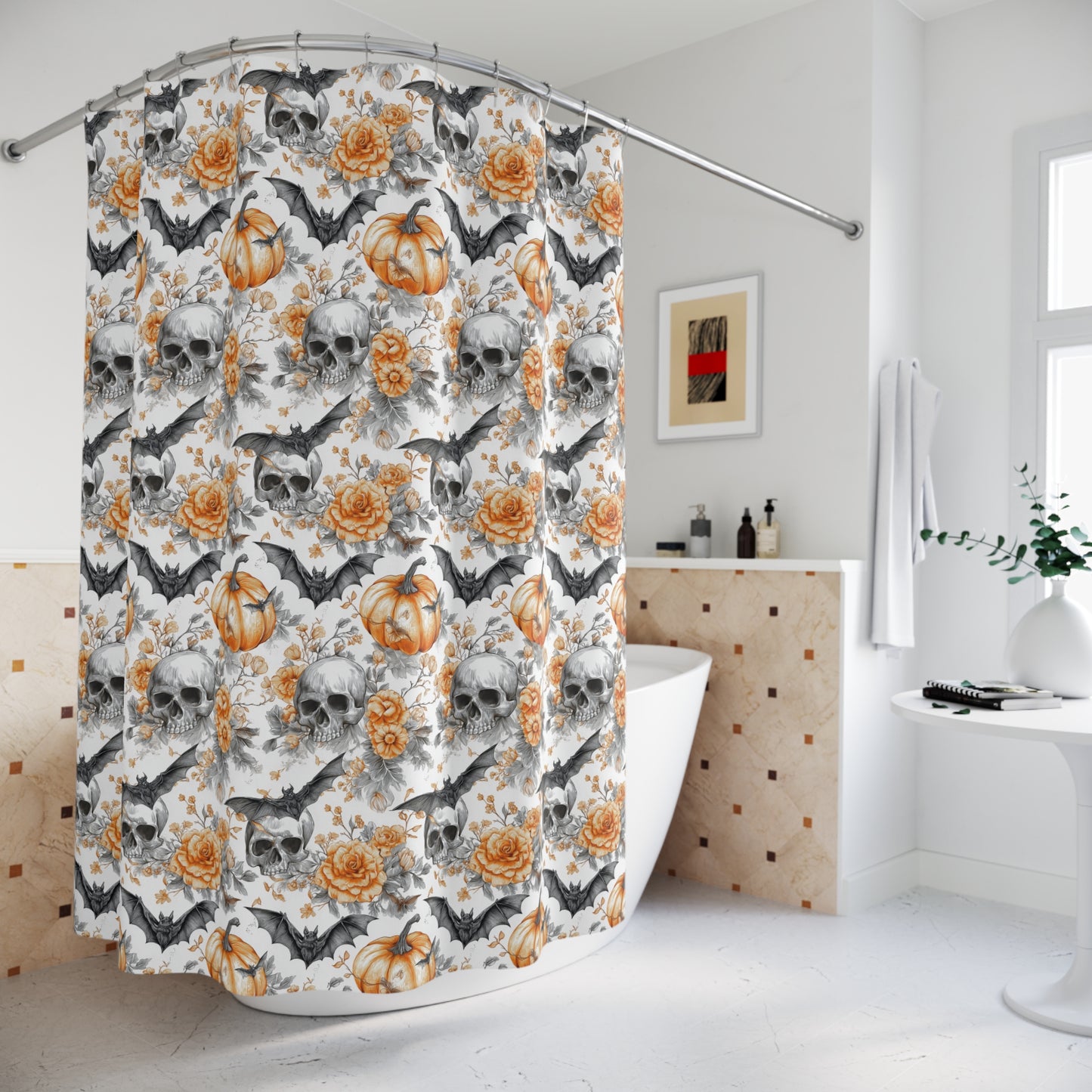 Spooky Floral Shower Curtain with Skulls and Pumpkins, Halloween Decor, Bathroom Accessory, Gift for Halloween Lovers