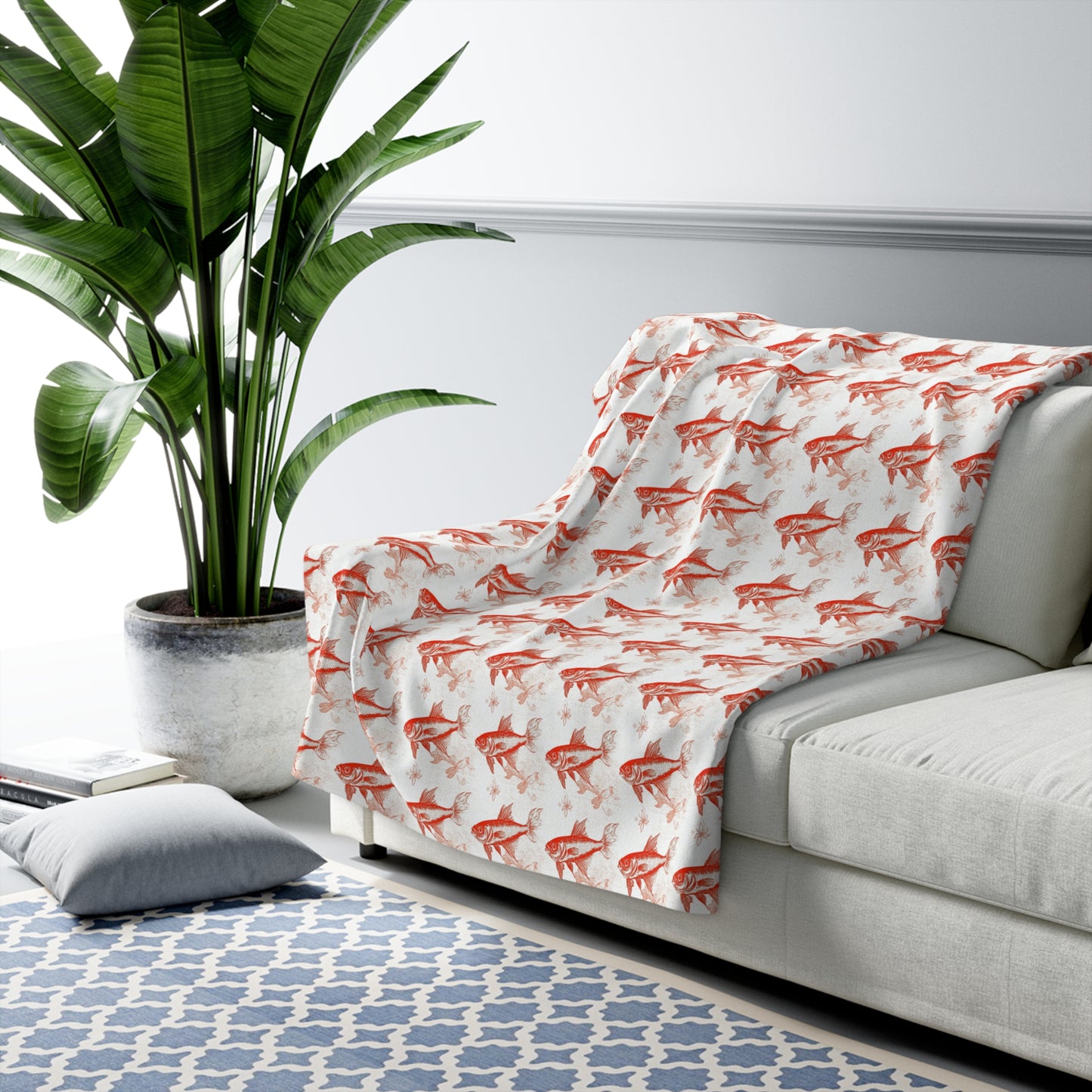 Cozy Orange Fish Sherpa Fleece Blanket with Goldfish Pattern | Gift for Aquatic Lovers