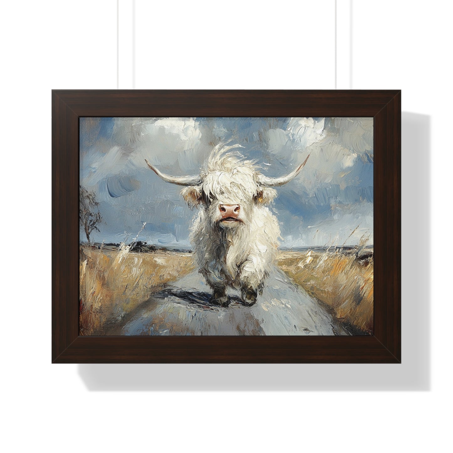 Poster - Cute White Highland Cow Running Down Road Escapee