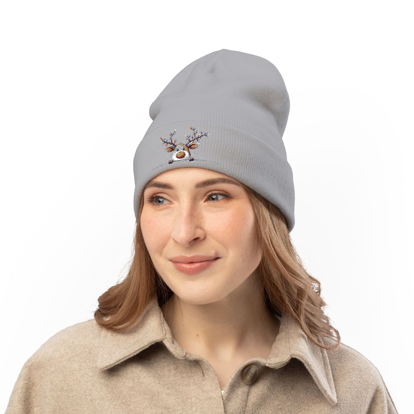 Beanie Hat - Peeking Rudolf with Christmas Lights Embroidered