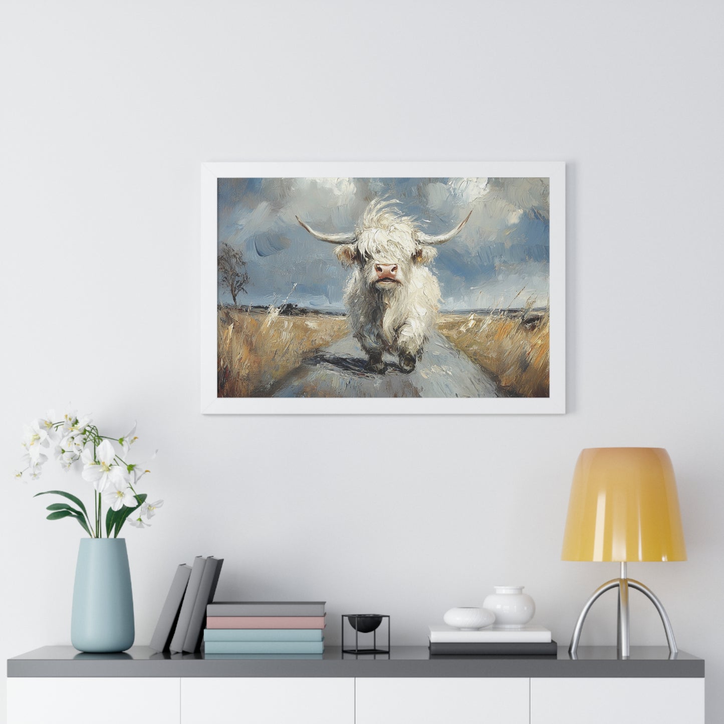 Poster - Cute White Highland Cow Running Down Road Escapee